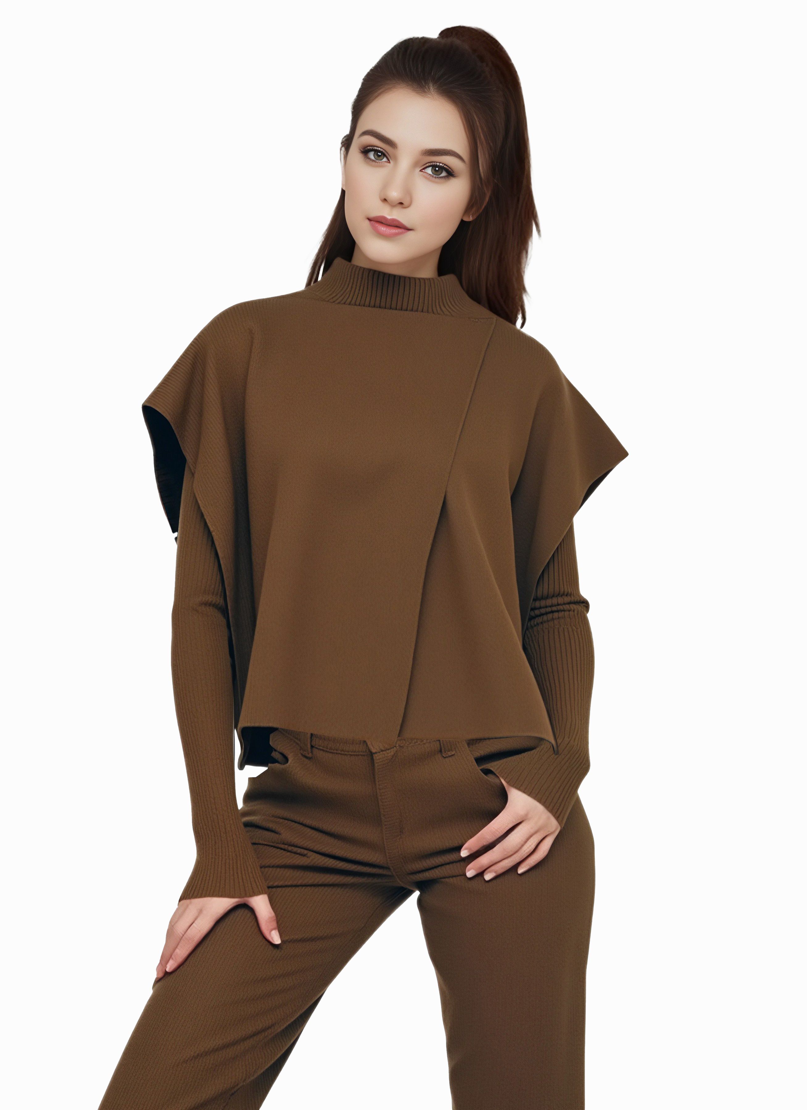 s104Coffee Brown Layered Mock Neck Knit Set