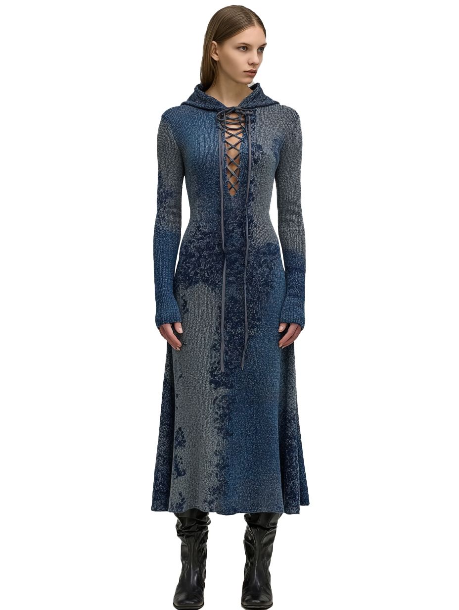s091Blue-Grey Tie-Dye Hooded Lace-Up Knit Maxi Dress