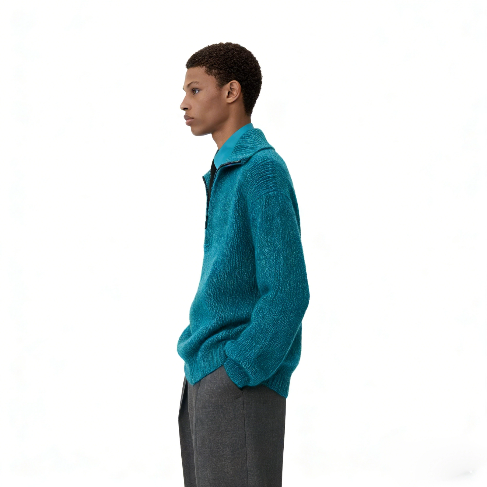 m022Lake Blue Texture Half-Zip Funnel Neck Knit Sweater