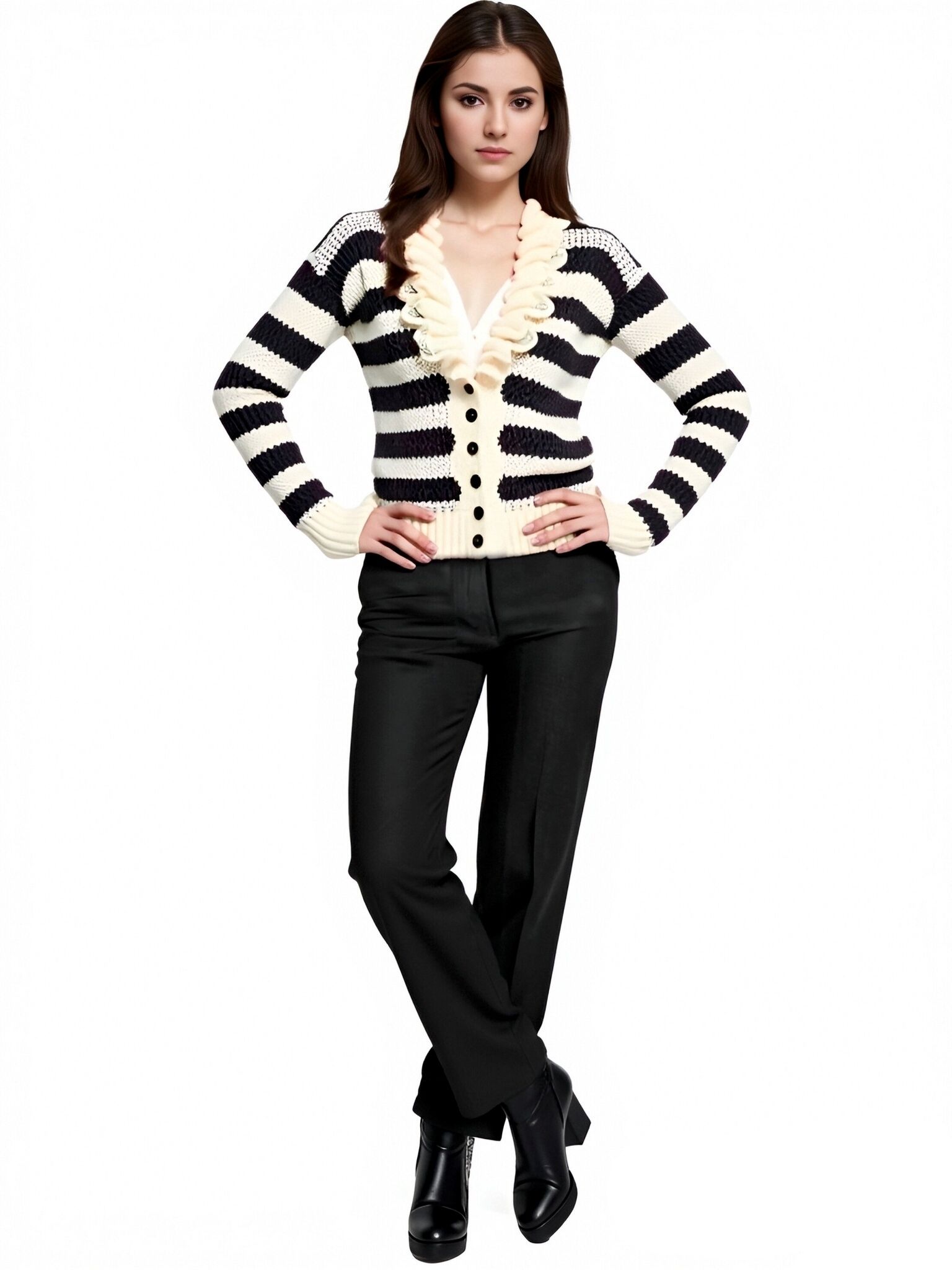 s082Black & White Striped Ruffled Knit Cardigan