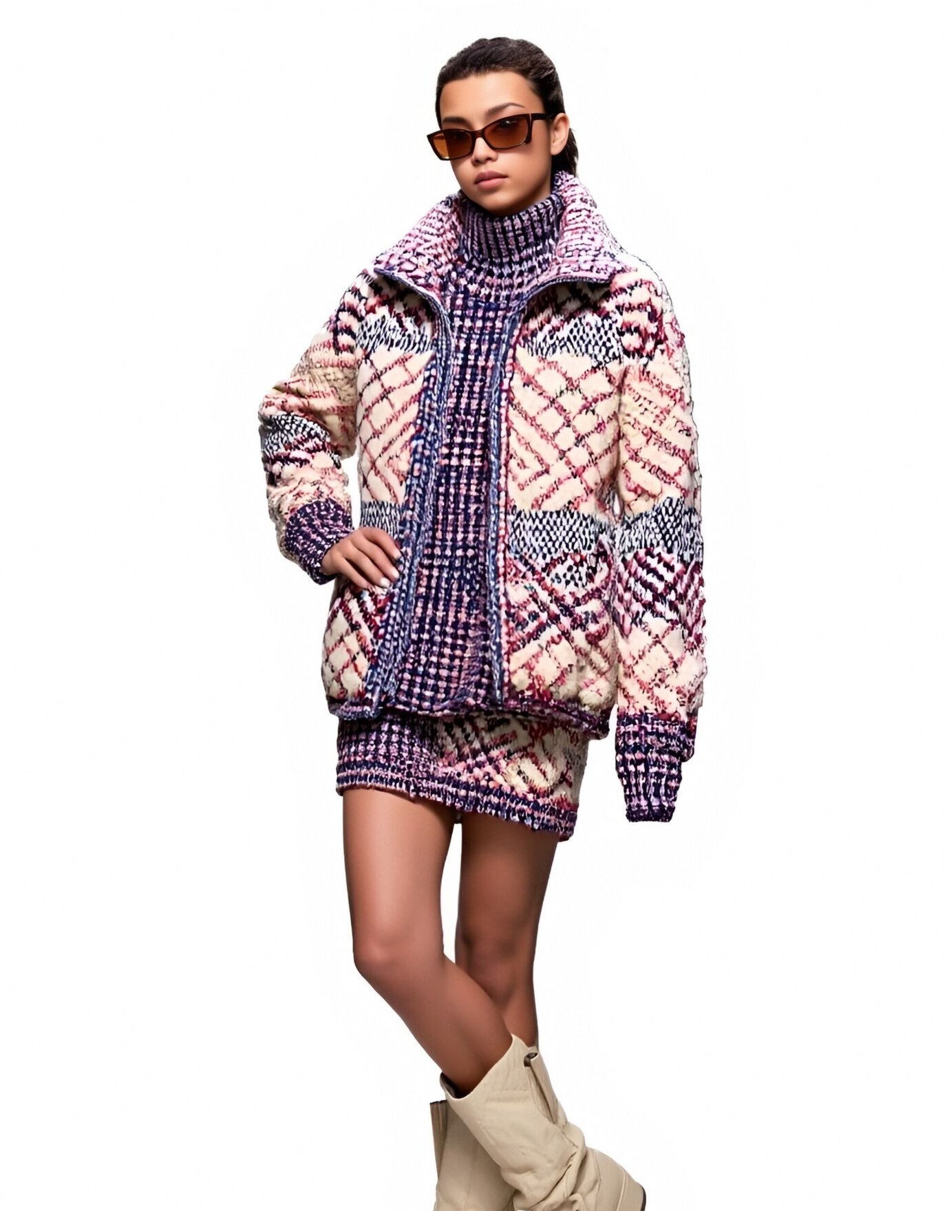 s062Pink & Blue Checkered Textured Knit 3-Piece Set
