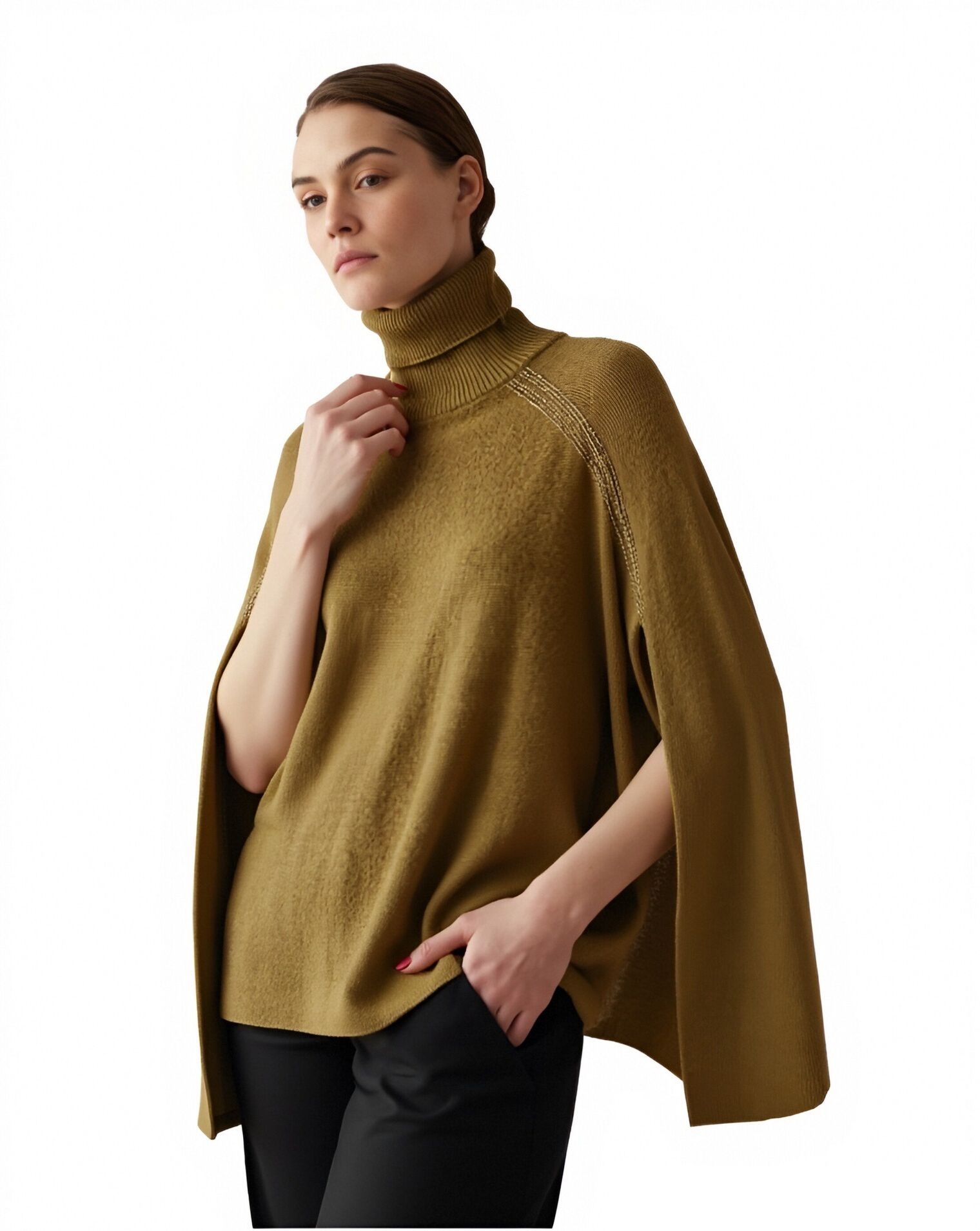 s102Mustard Green Turtleneck Cape Knit Top