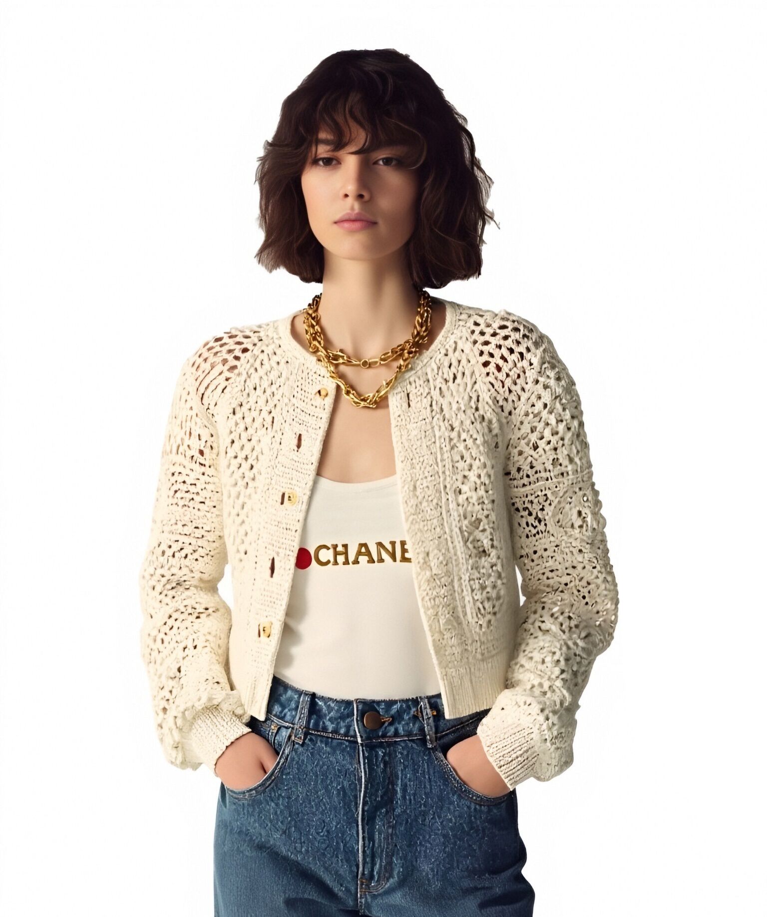 s101Off-White Crochet Knit Tweed-Style Cardigan