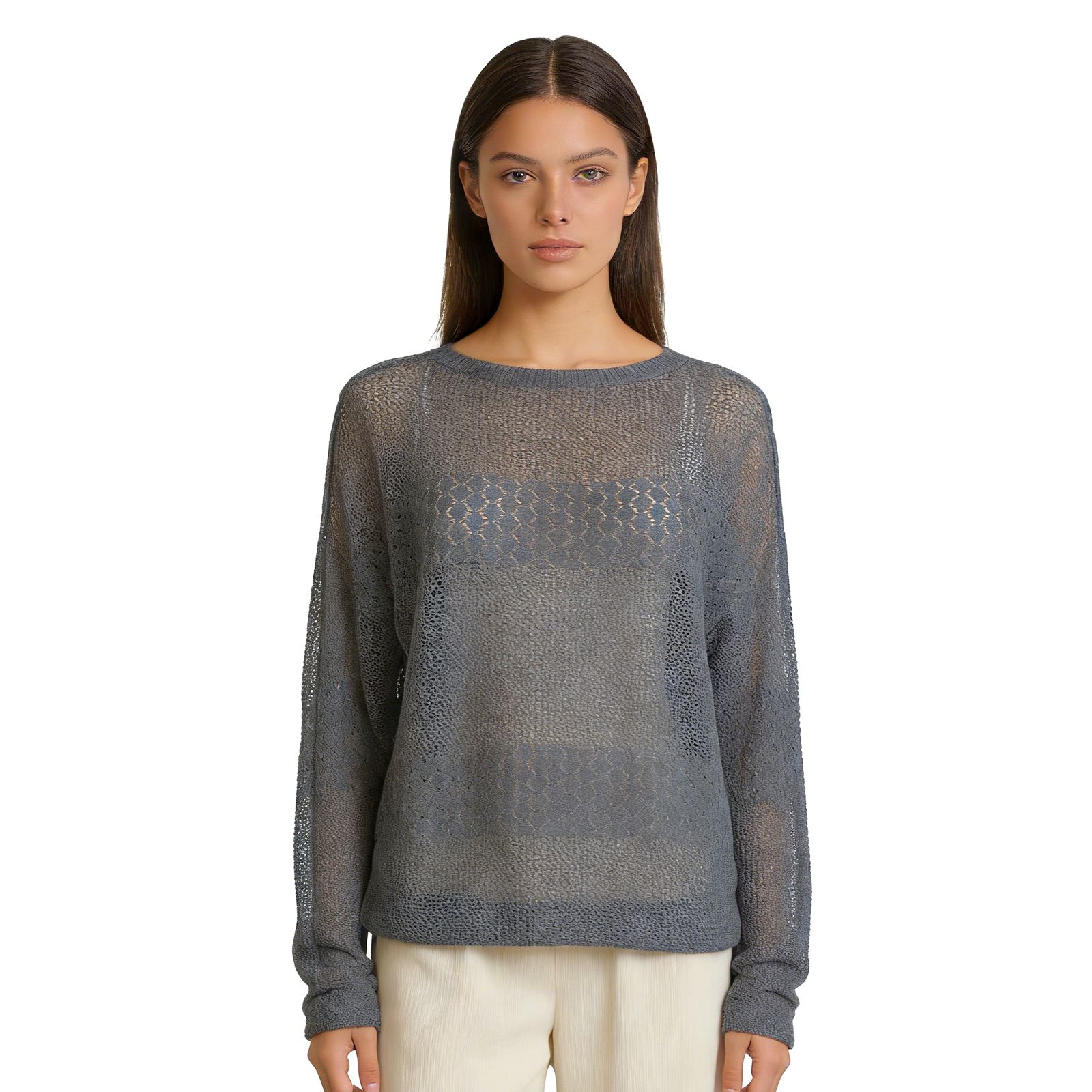 Charcoal Grey Textured Hollow-Out Knit Top