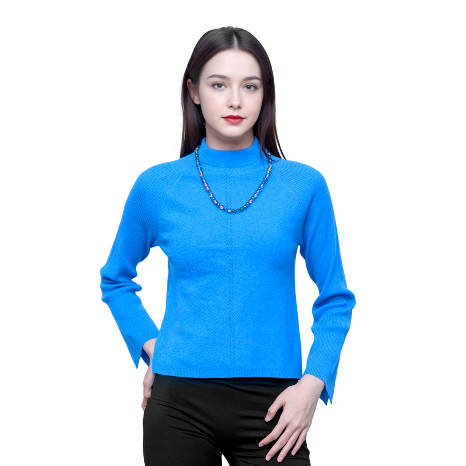 Klein Blue Vertical Rib Mock Neck Knit Top