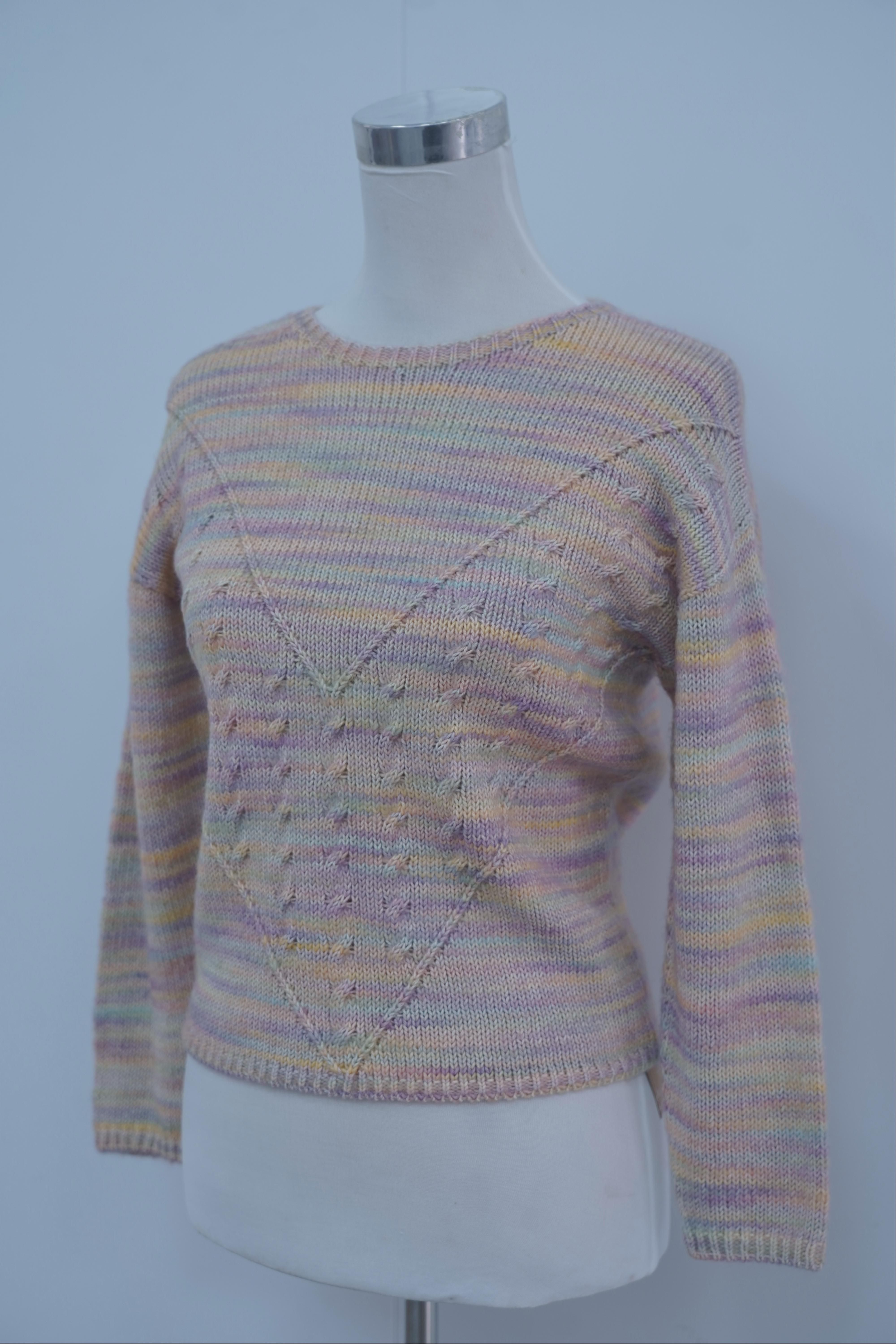 s015Rainbow Gradient Openwork Knit Crew Neck Sweater