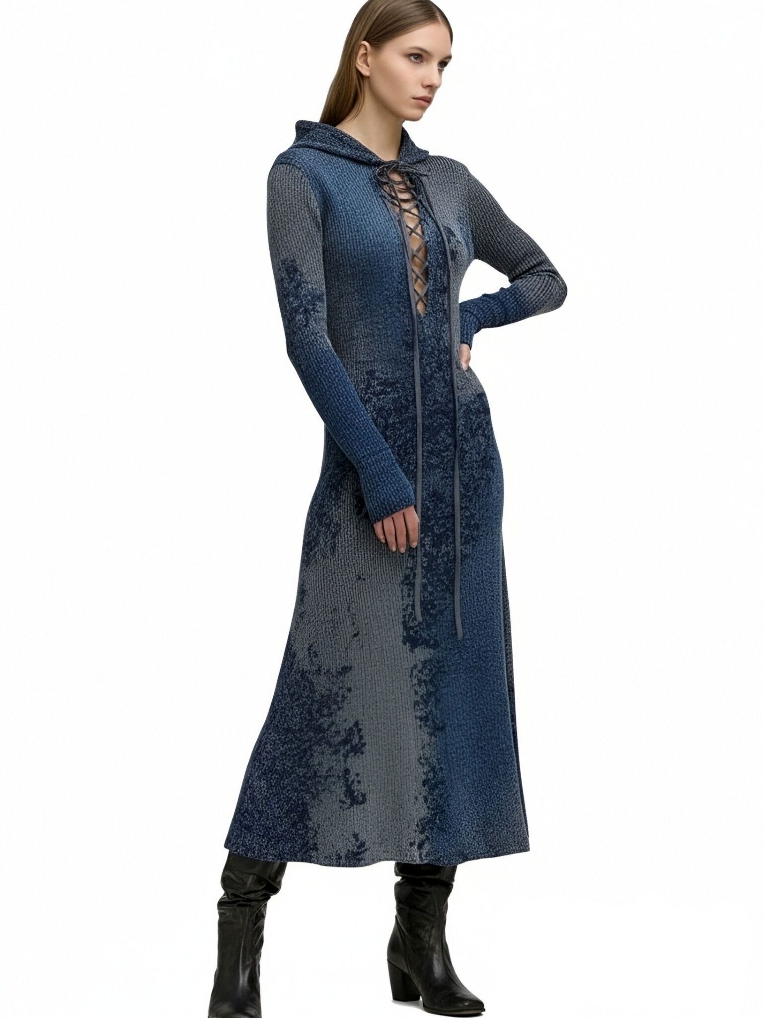 s091Blue-Grey Tie-Dye Hooded Lace-Up Knit Maxi Dress