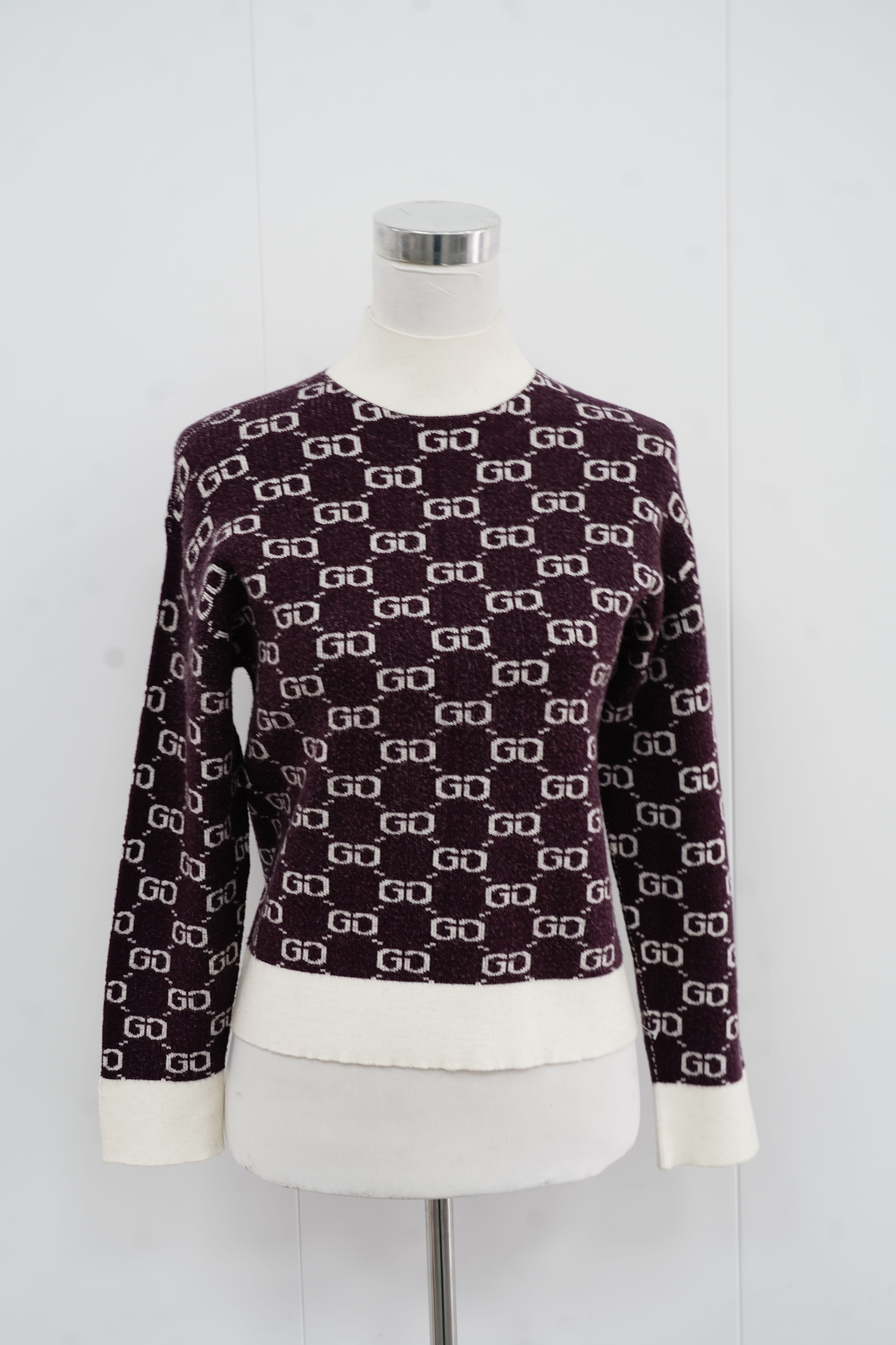 s009Dark Coffee Monogram Contrast-Trim Mock Neck Knit Sweater