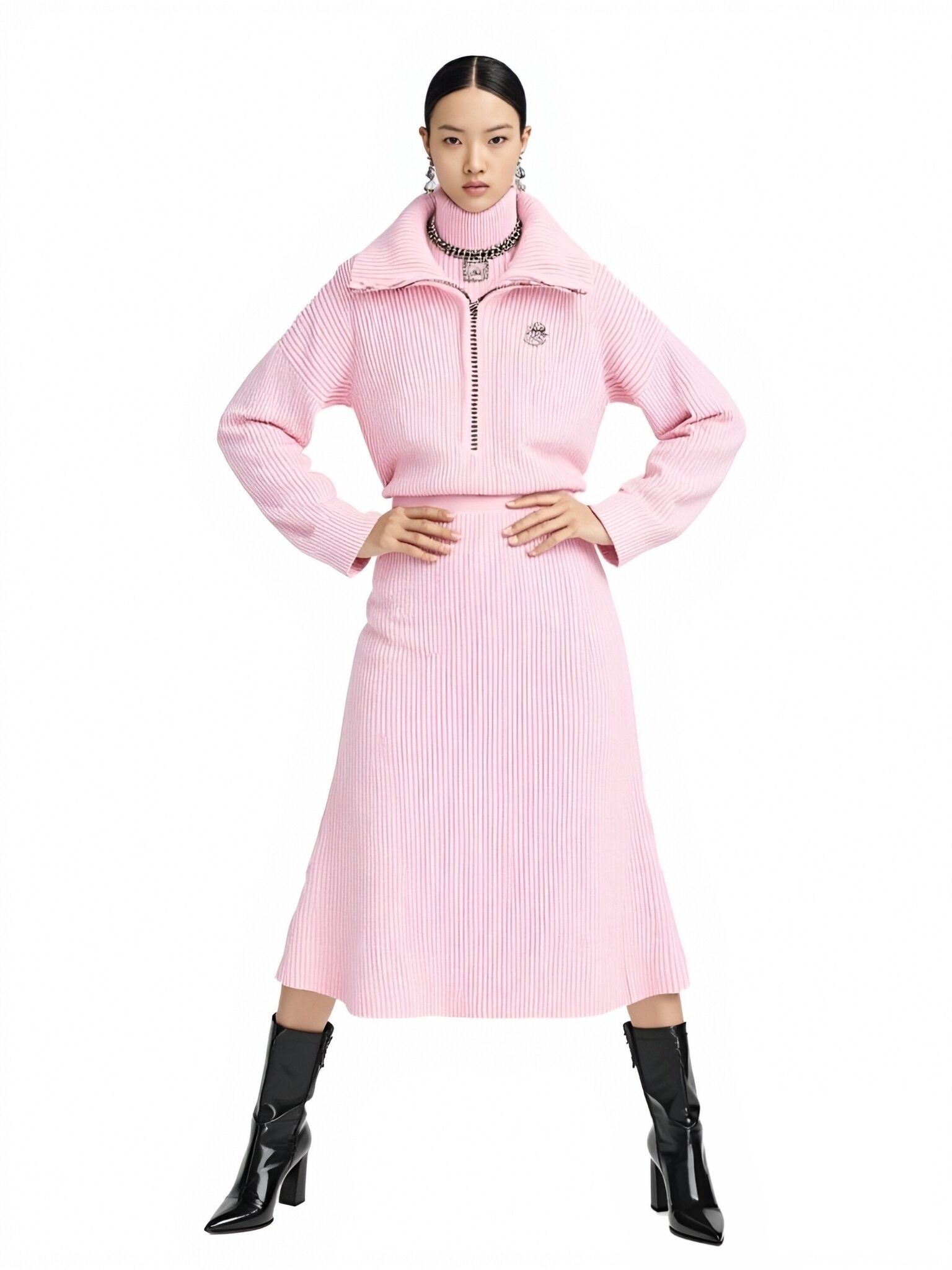s076Sakura Pink Ribbed Half-Zip Knit Set
