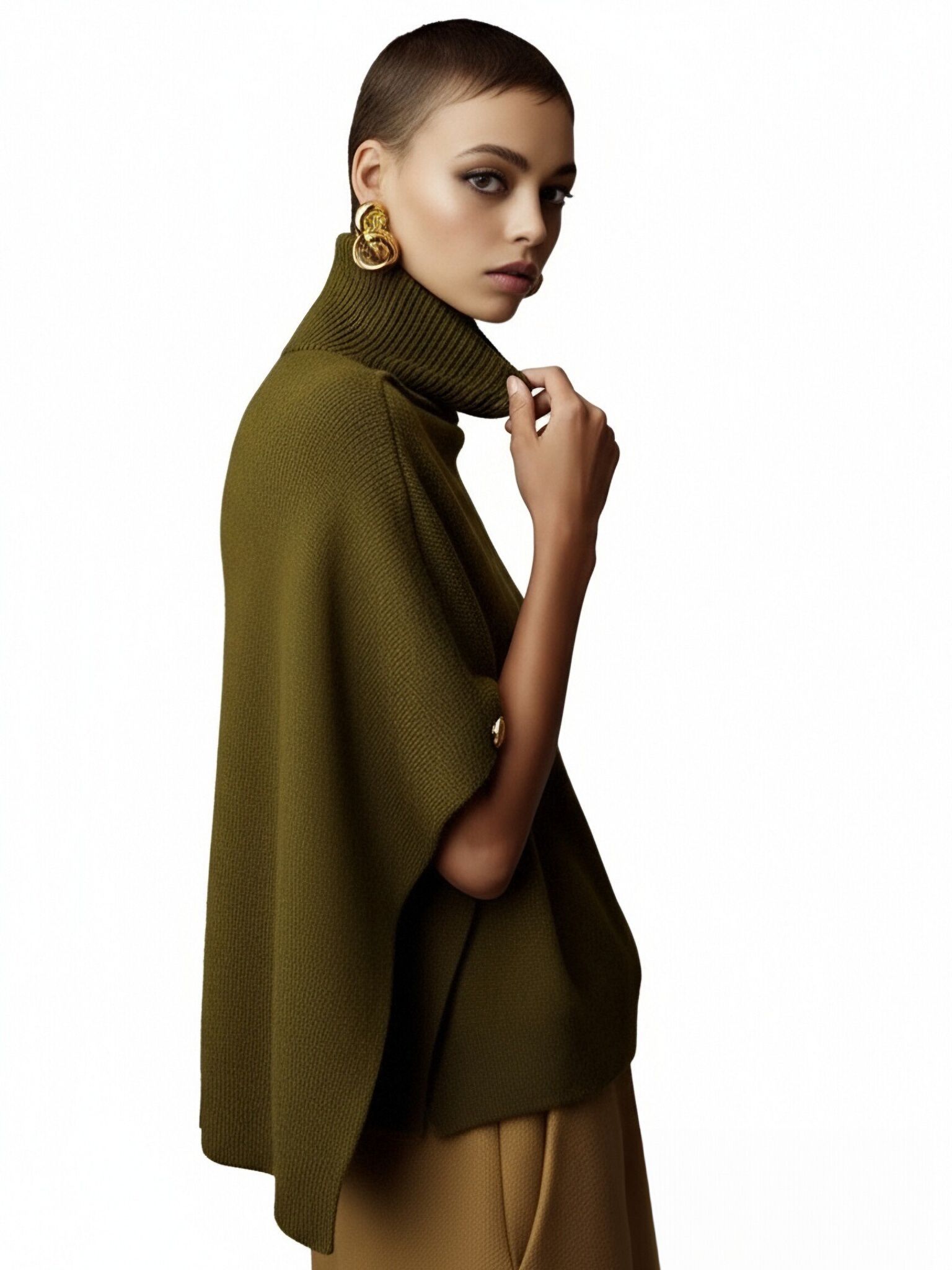 s103Olive Green Turtleneck Cape Knit Top