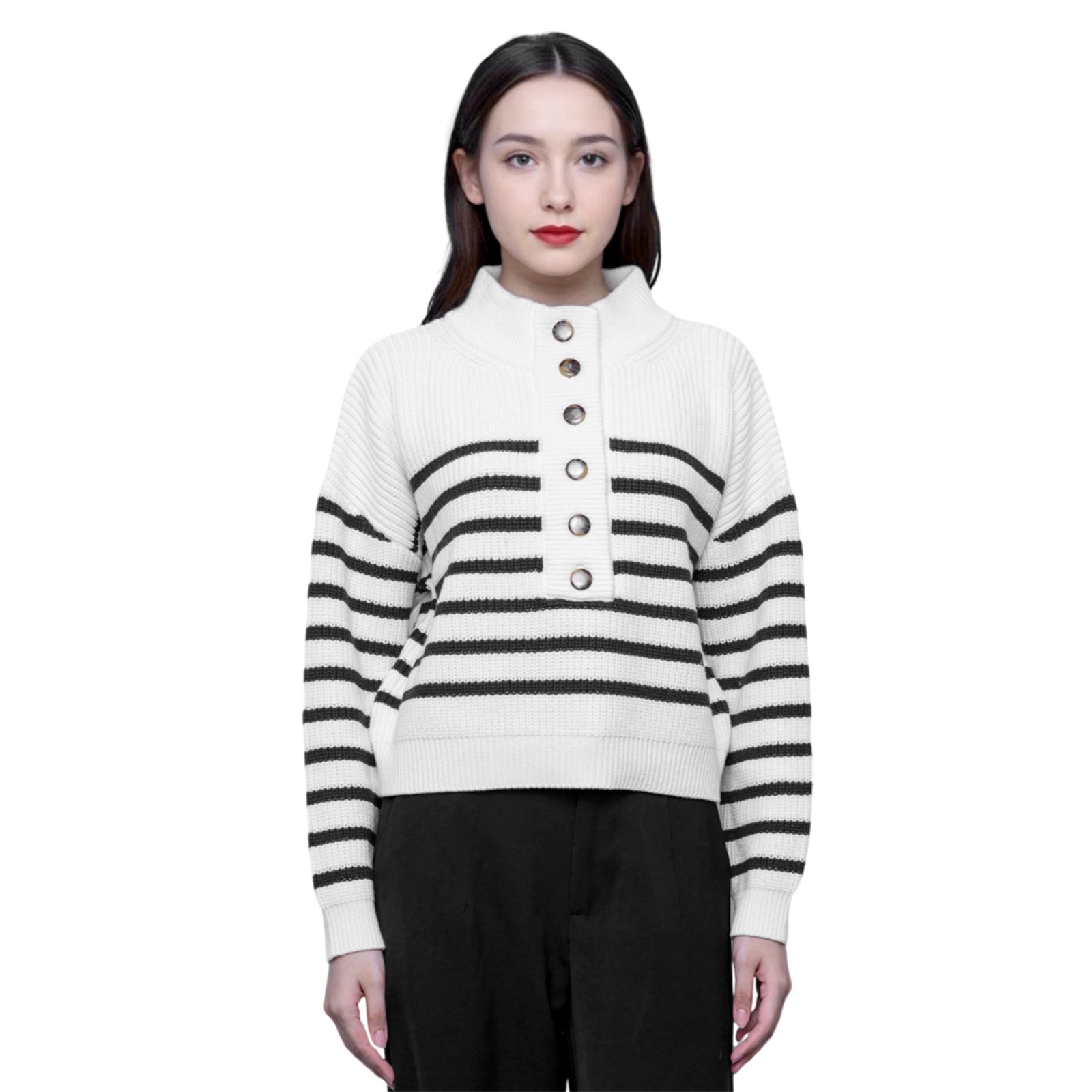 Navy Stripe Half-Placket Stand Collar Sweater