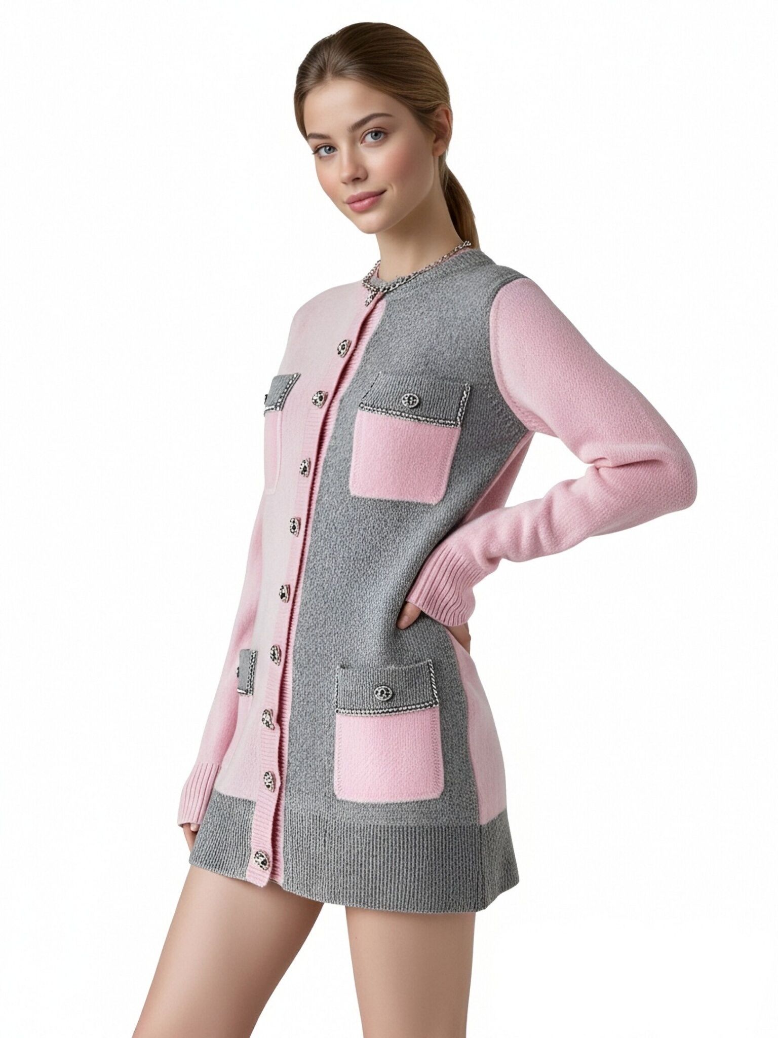 s074Pink & Grey Asymmetric Tweed-Style Knit Cardigan Dress