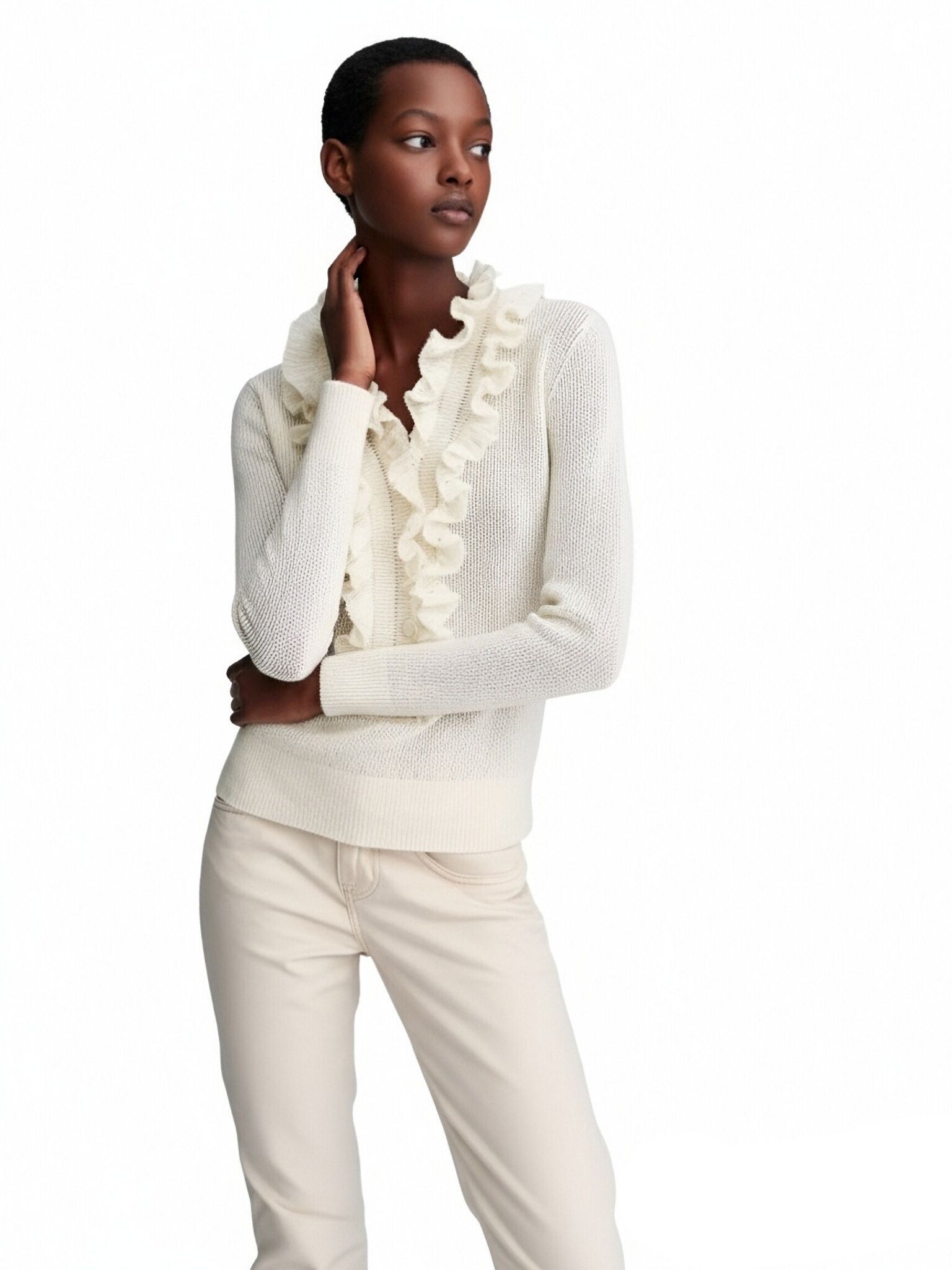 s083Off-White Ruffled V-Neck Knit Top