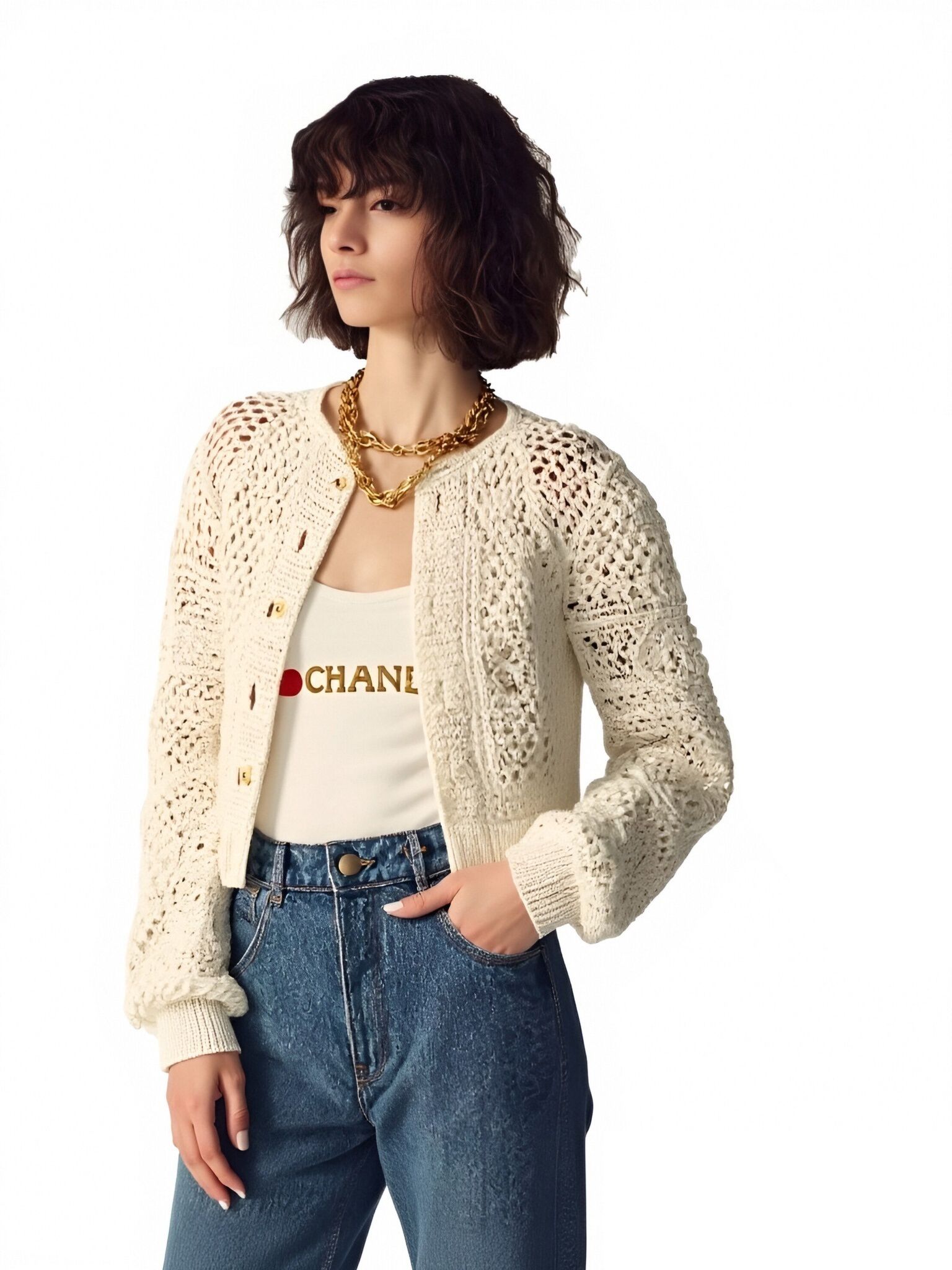 s101Off-White Crochet Knit Tweed-Style Cardigan