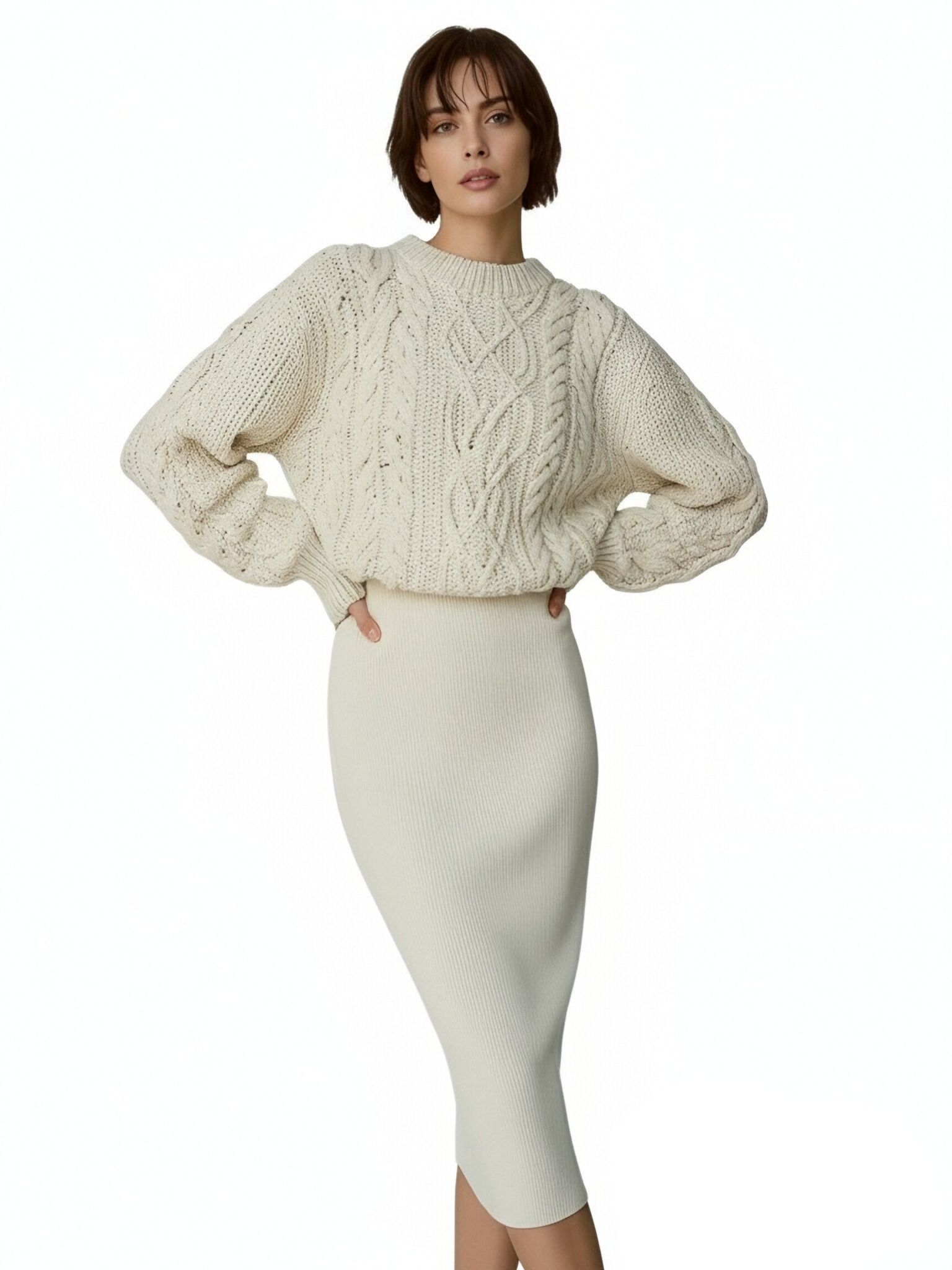 s073Off-White Cable Knit Sweater & Ribbed Skirt Set