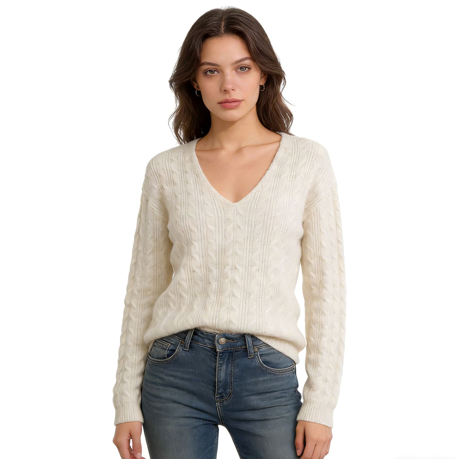 Beige Apricot V-Neck Cable-Knit Sweater