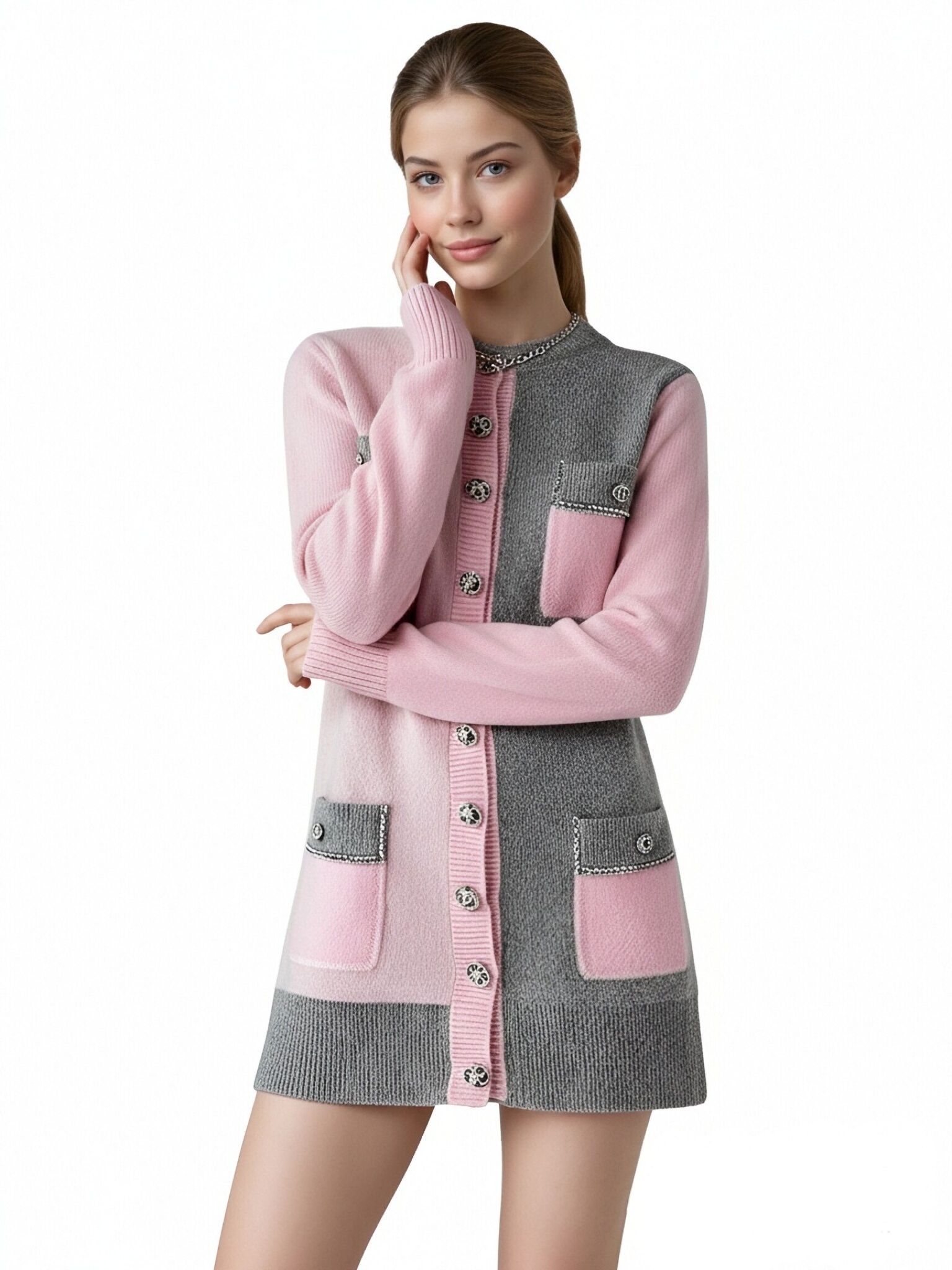 s074Pink & Grey Asymmetric Tweed-Style Knit Cardigan Dress