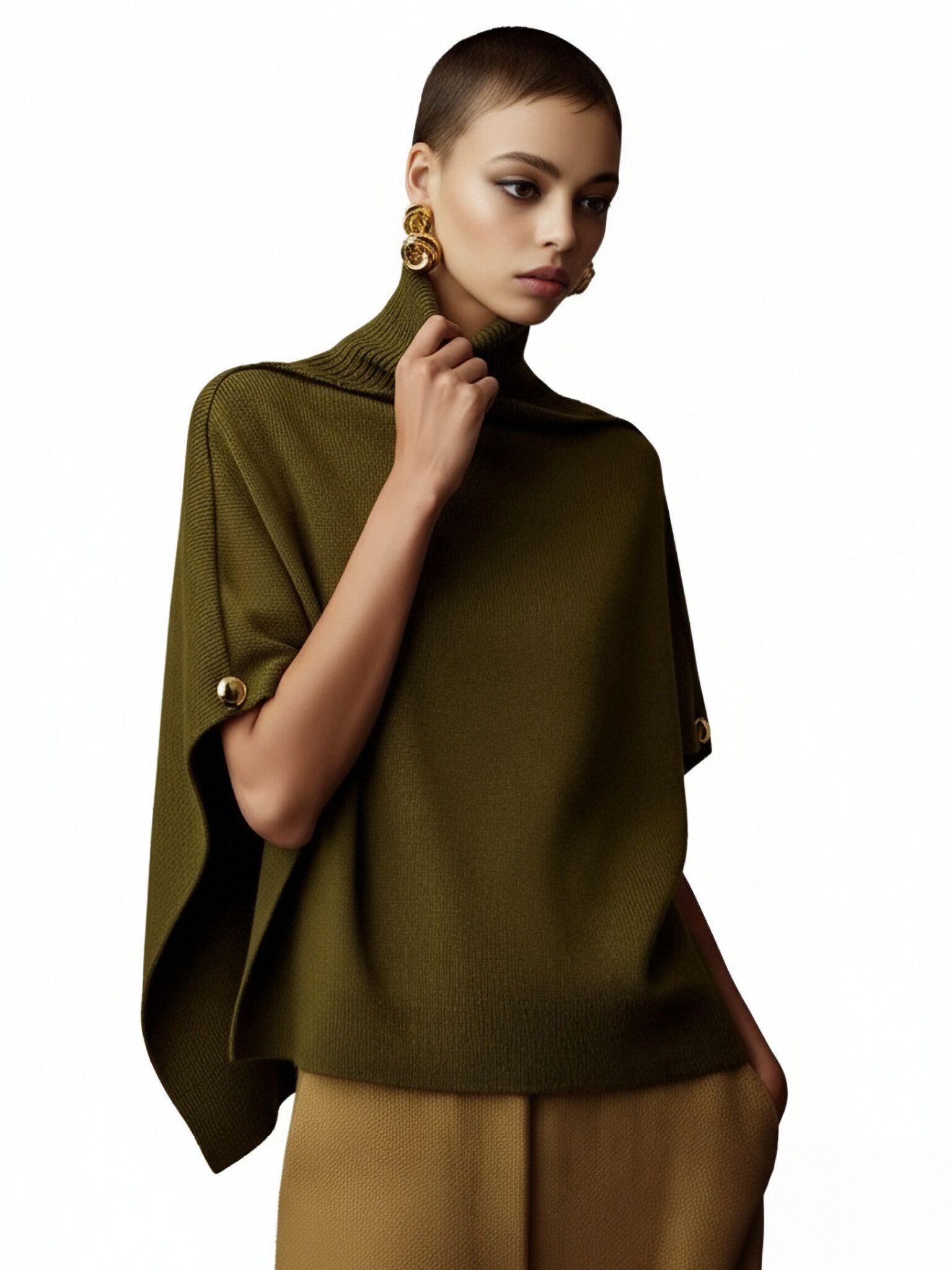 s103Olive Green Turtleneck Cape Knit Top