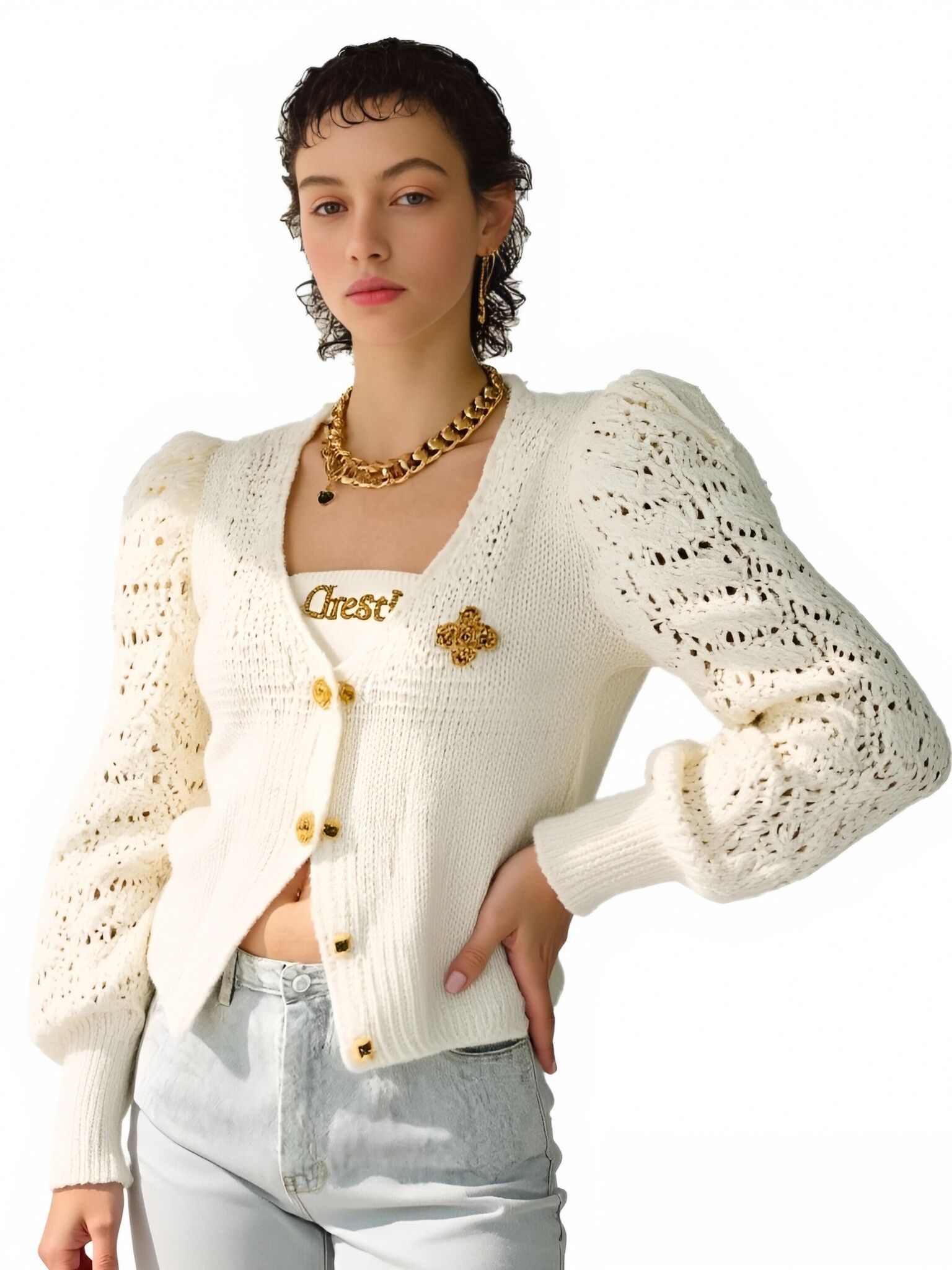s100Off-White Crochet Puff Sleeve Knit Cardigan