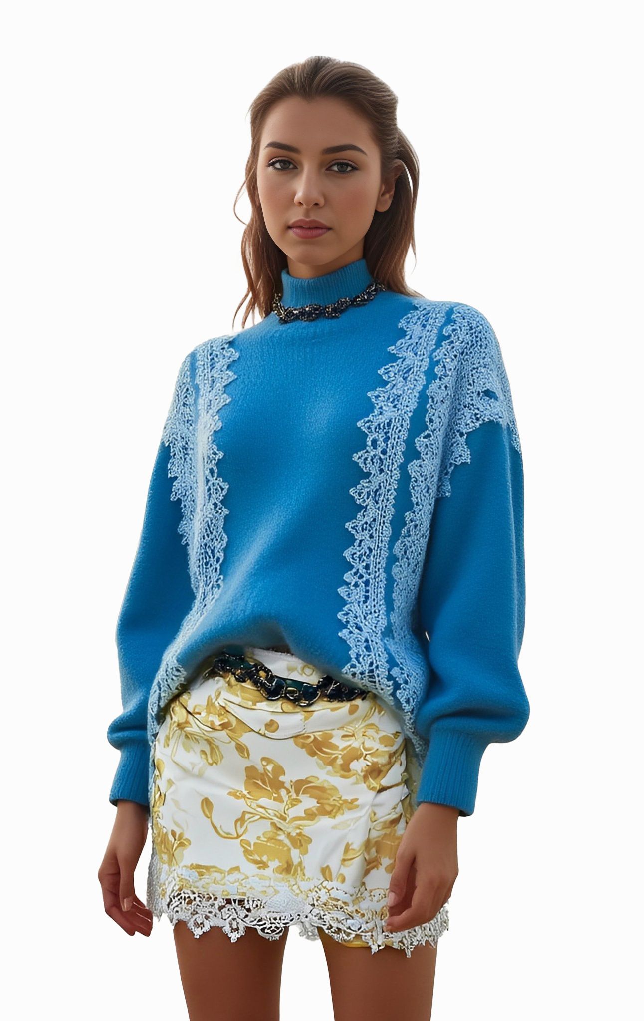 s068Klein Blue Diagonal Lace Panel Mock Neck Knit Sweater