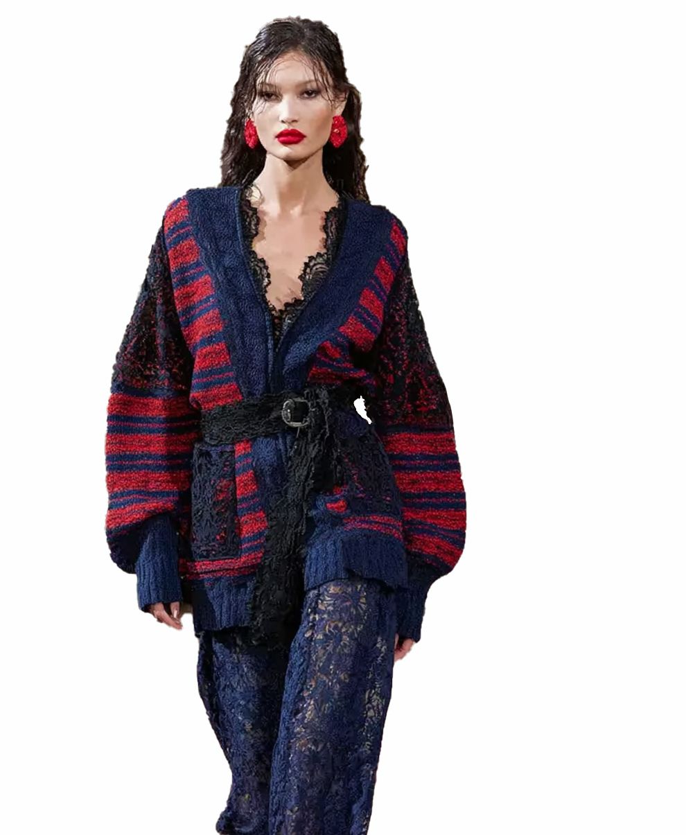 s059Navy Blue & Crimson Contrast Stripe Lace Panel Knit Co-ord Set