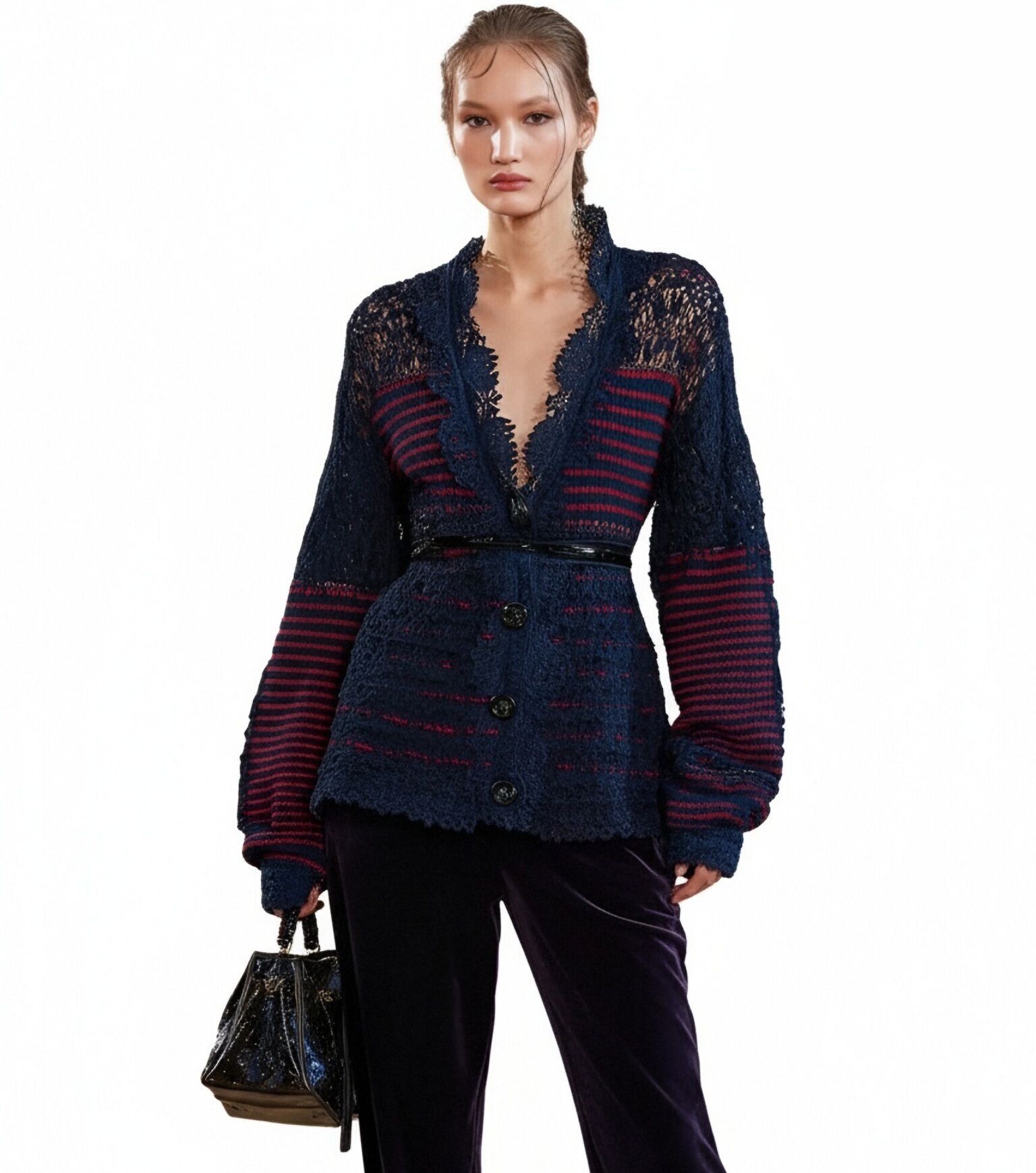 s058Navy Blue & Red Stripe Textured Lace V-Neck Knit Cardigan