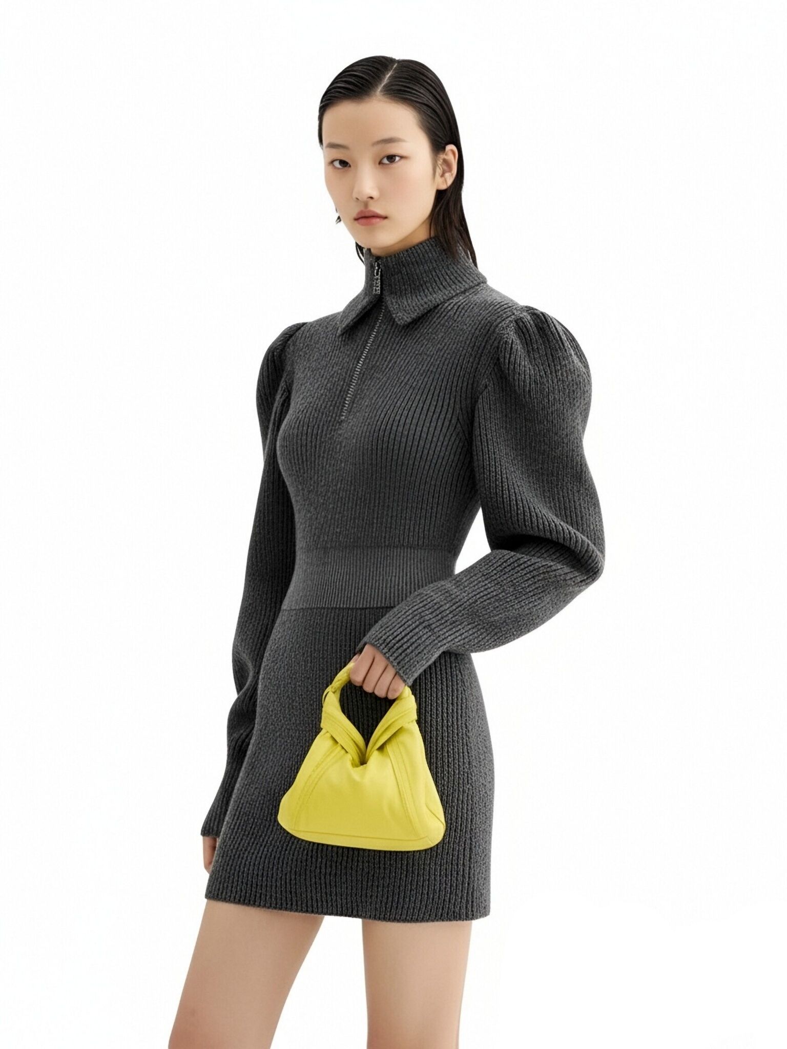 s077Charcoal Ribbed Zip-Up Puff Sleeve Knit Dress