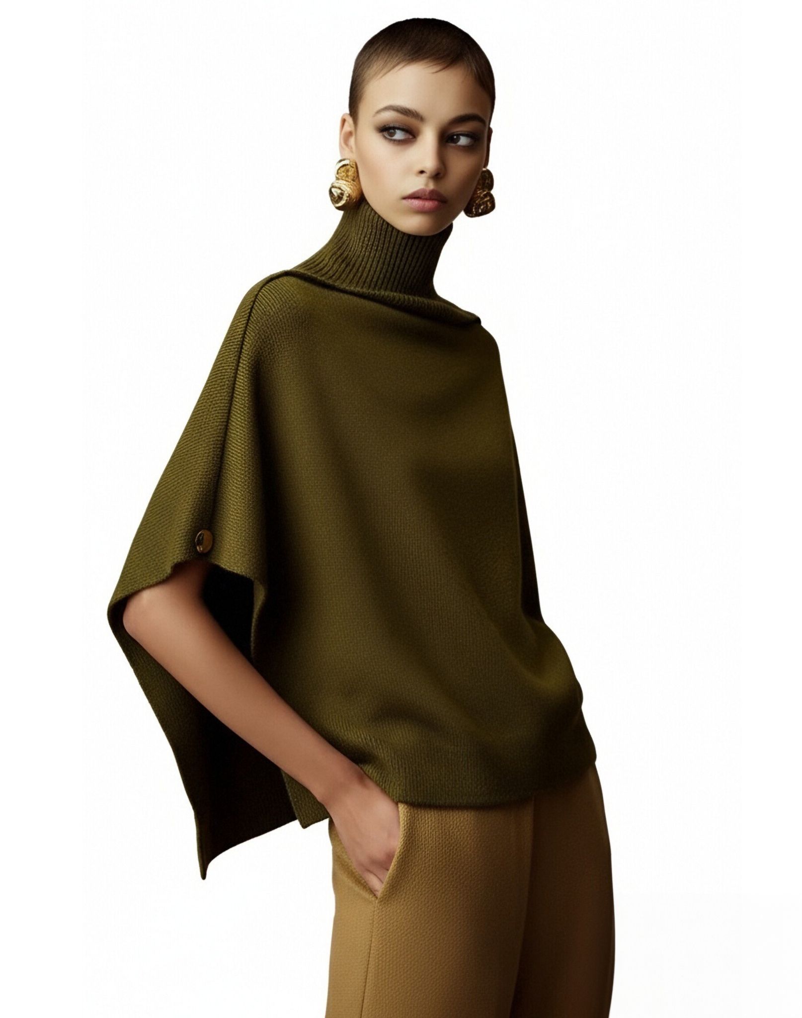 s103Olive Green Turtleneck Cape Knit Top