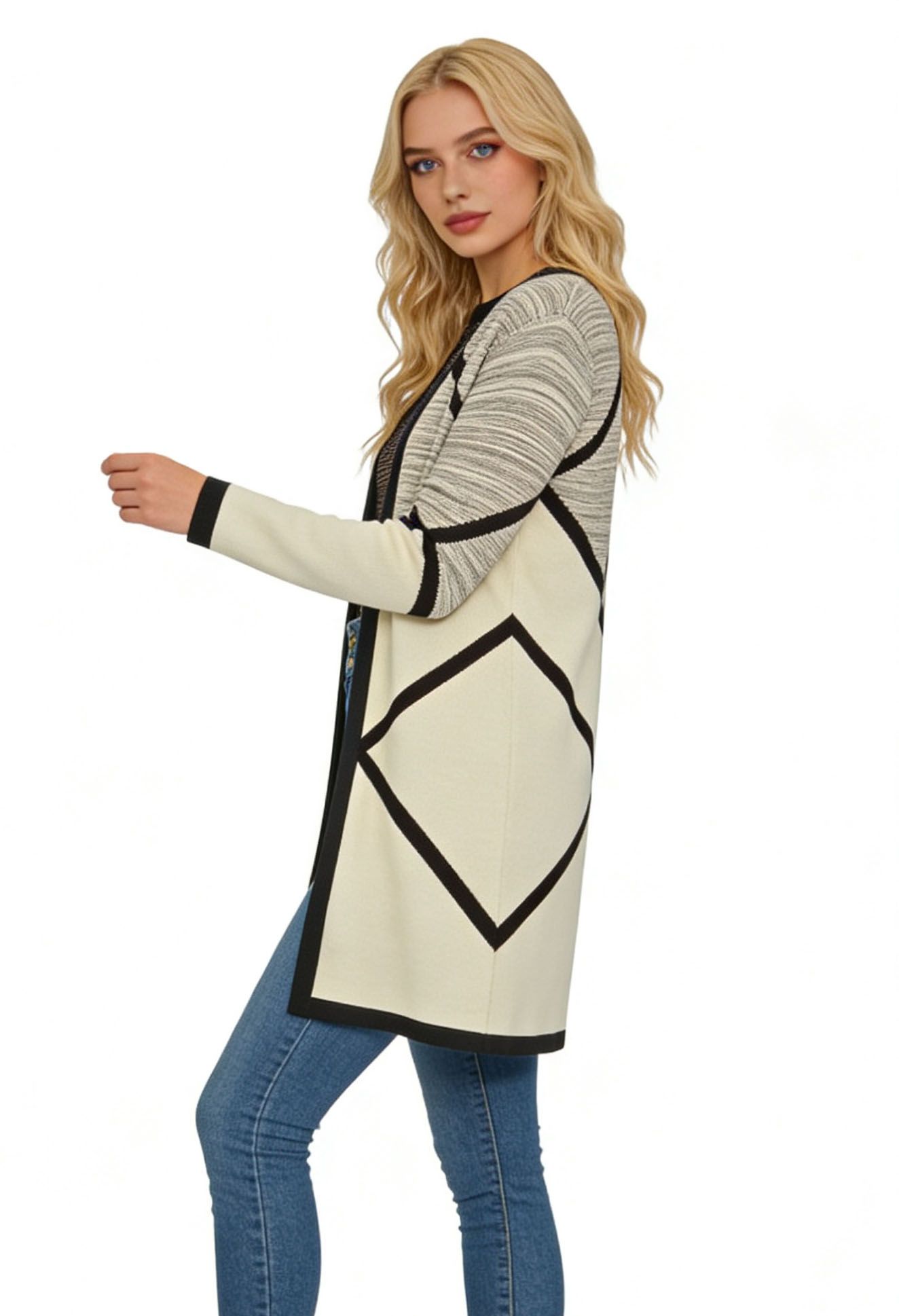 s113Geometric Diamond Color-Block Cardigan