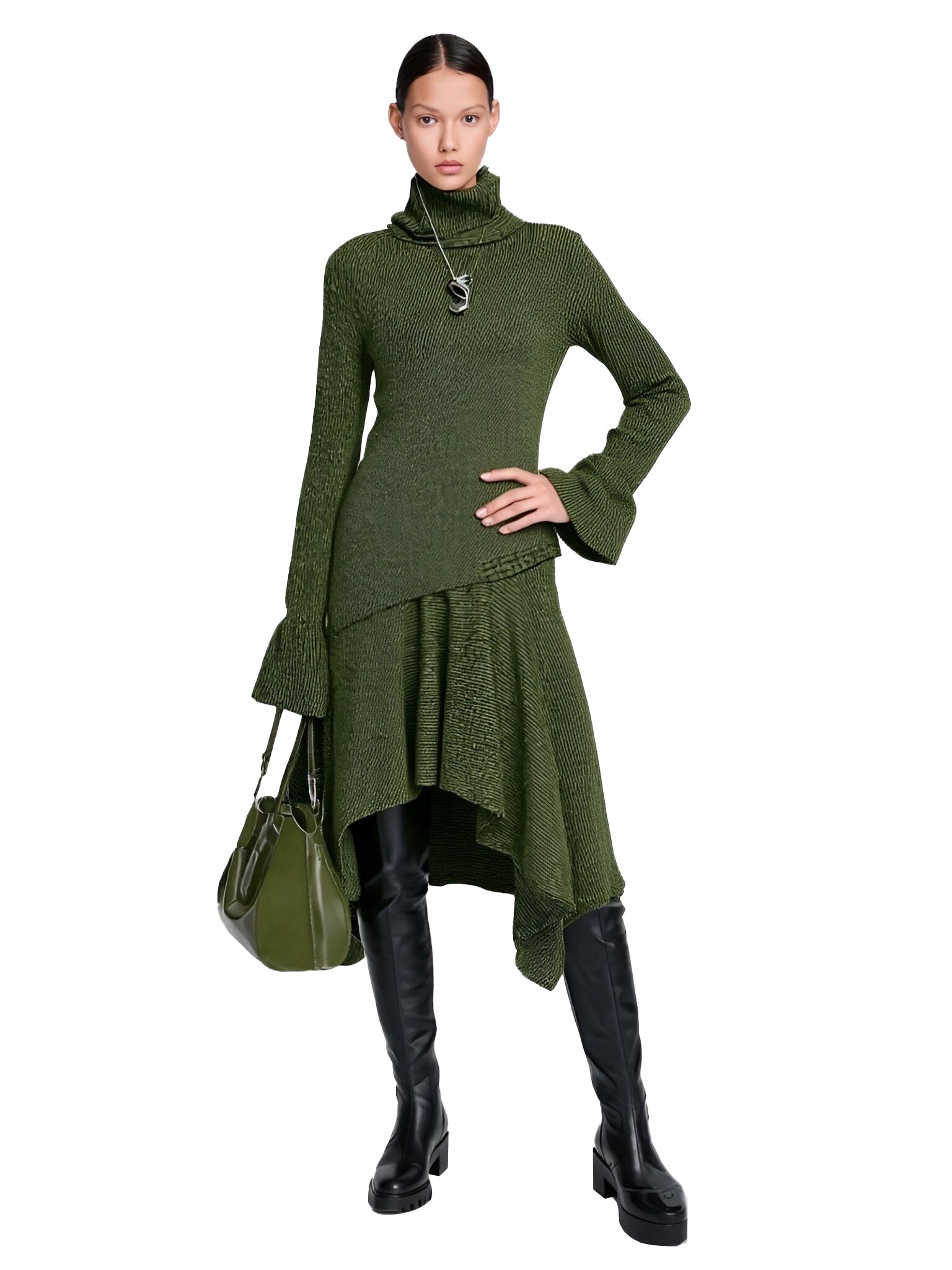 s070Military Green Textured Turtleneck Asymmetric Hem Knit Dress