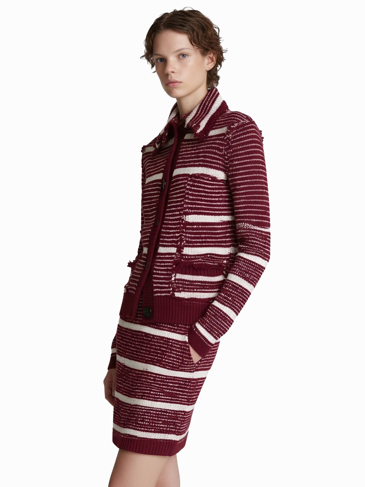 s064Burgundy & Off-White Contrast Stripe Collared Knit Co-ord Set