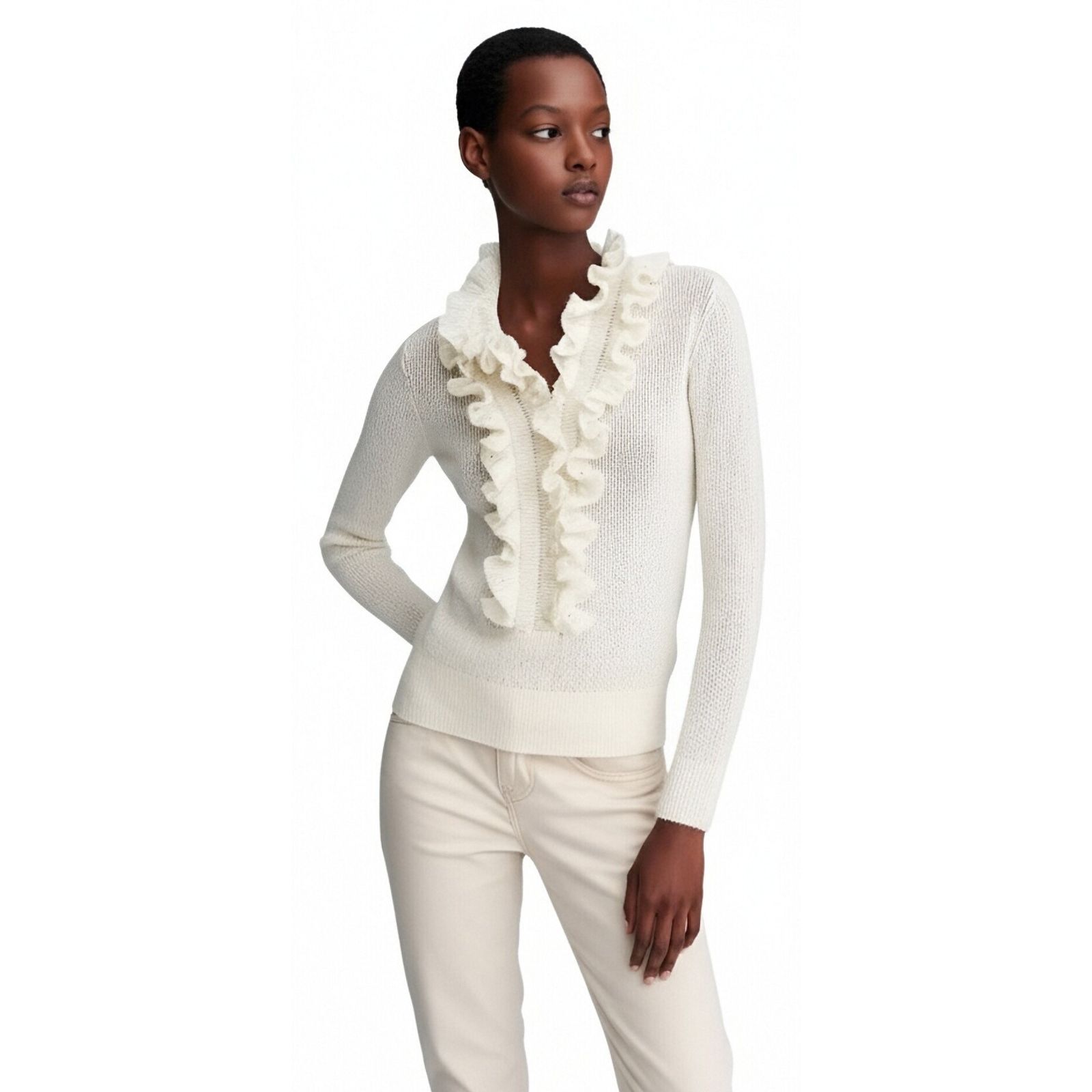 Off-White Ruffled V-Neck Knit Top