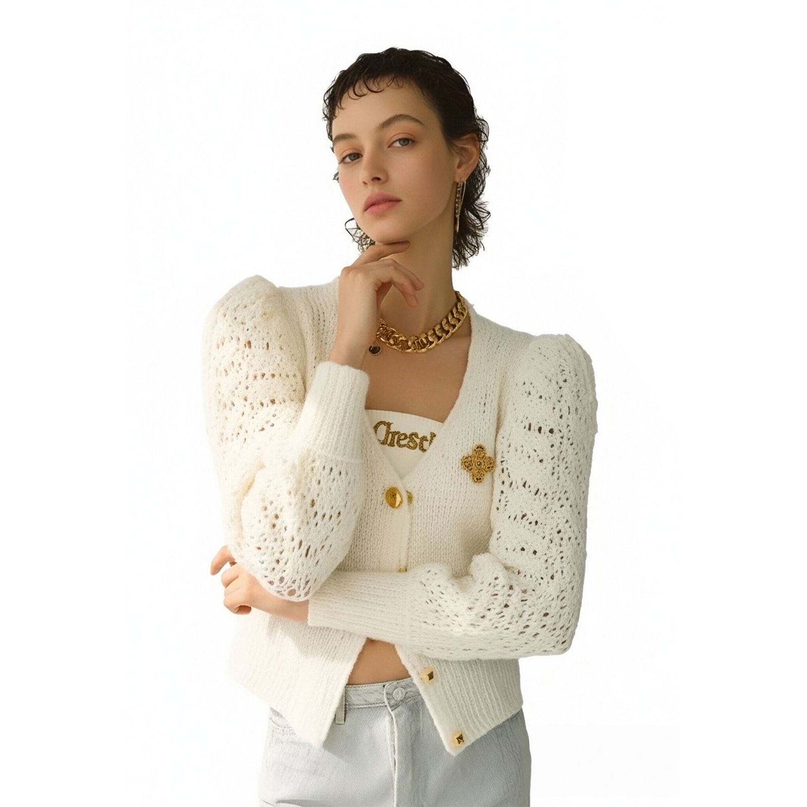 Off-White Crochet Puff Sleeve Knit Cardigan