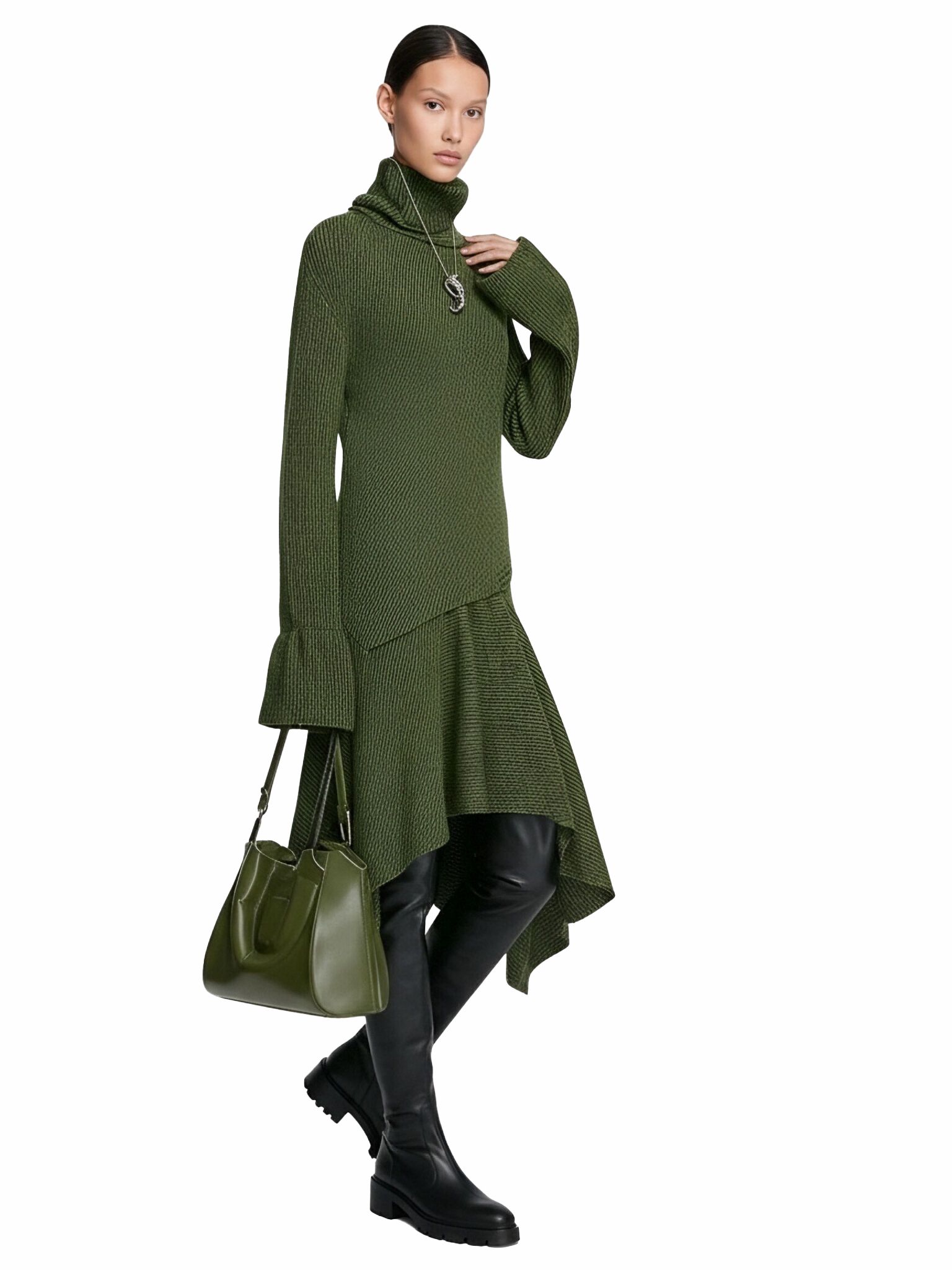 s070Military Green Textured Turtleneck Asymmetric Hem Knit Dress