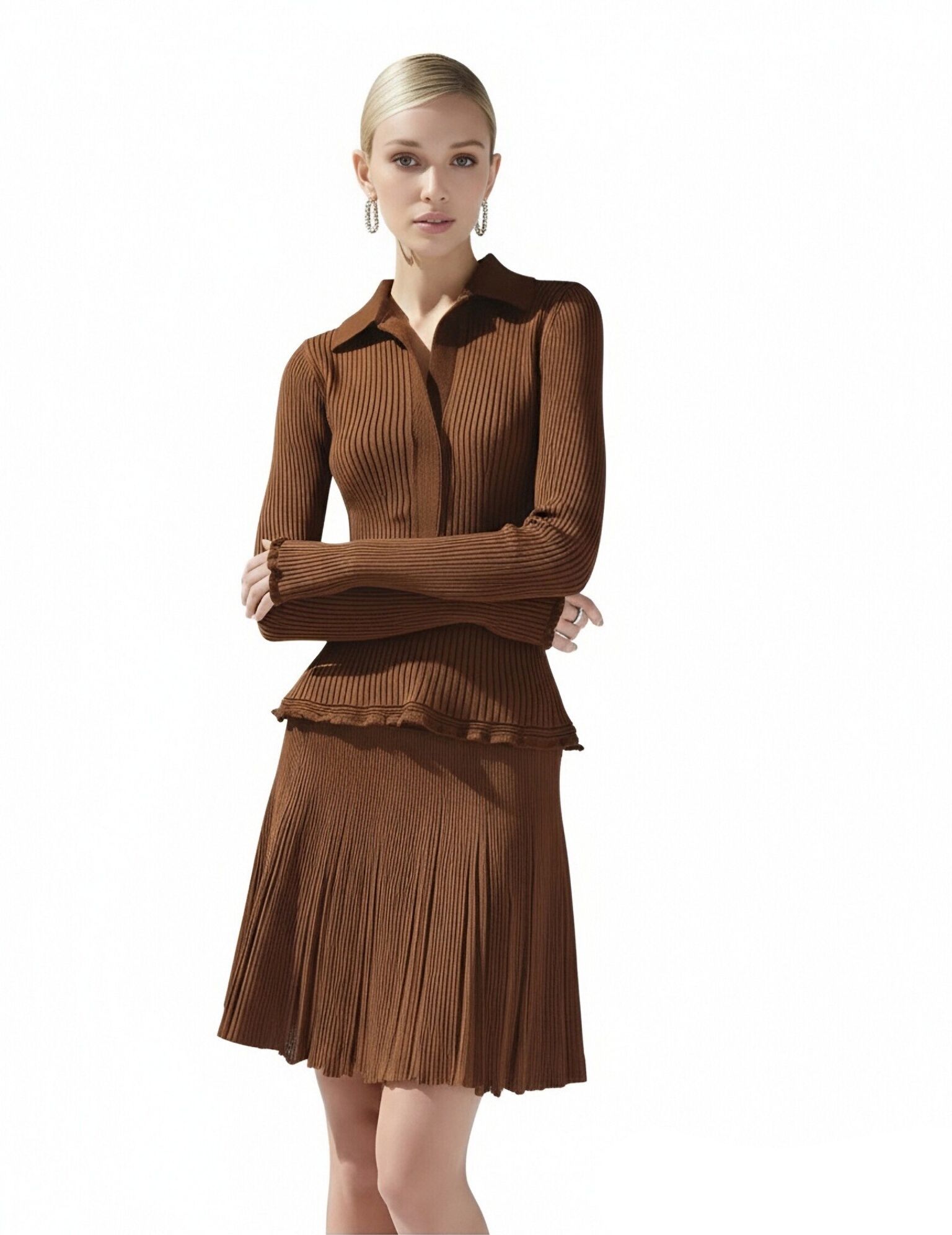 s093Caramel Vertical Rib Knit Set