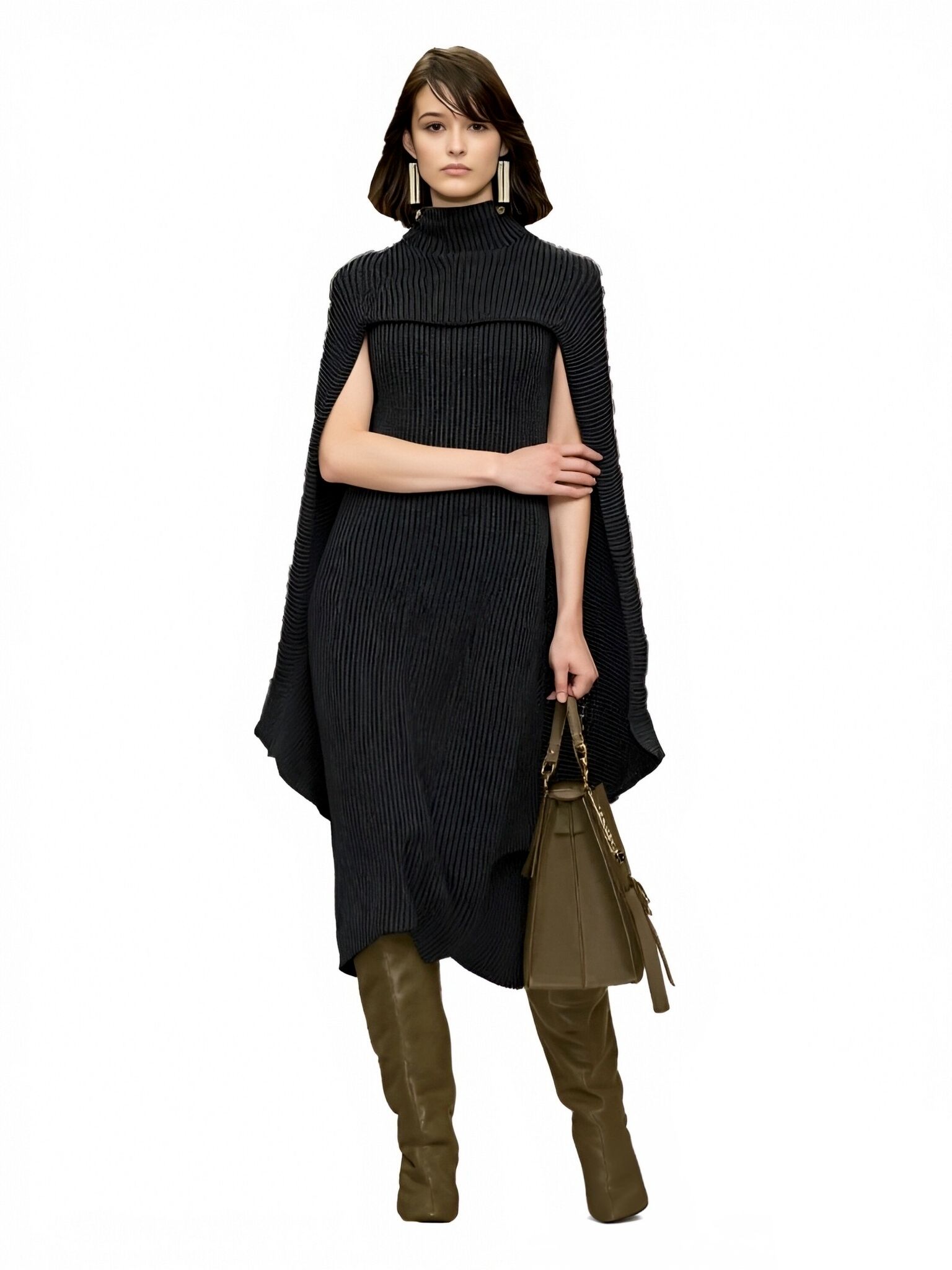 s081Black Ribbed Cape Knit Dress