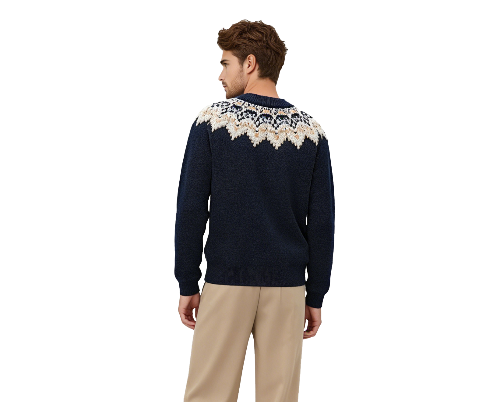 m017Navy Winter Fair Isle Jacquard Crewneck Sweater