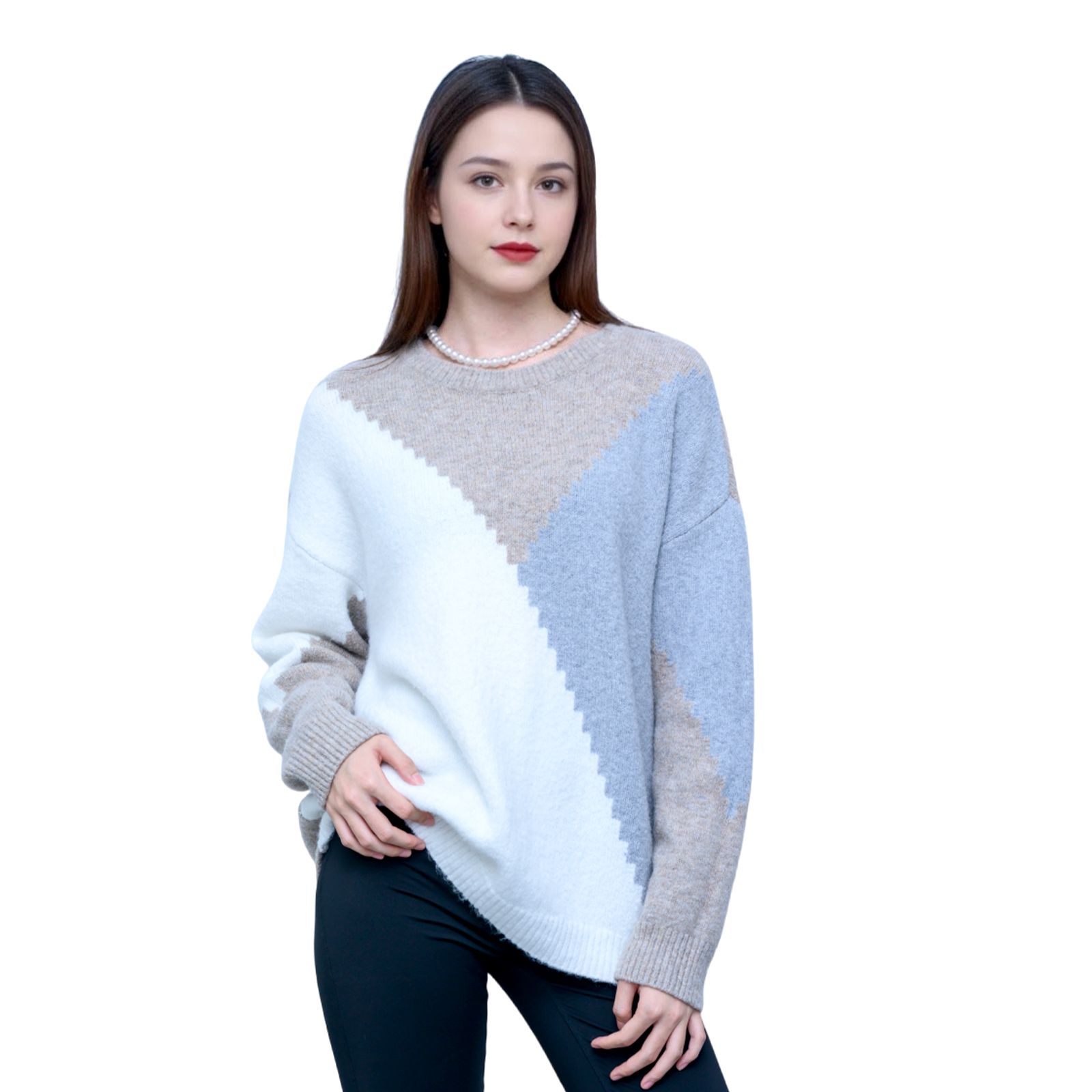 Misty Color-Blocked Diagonal Stripe Crew Neck Sweater