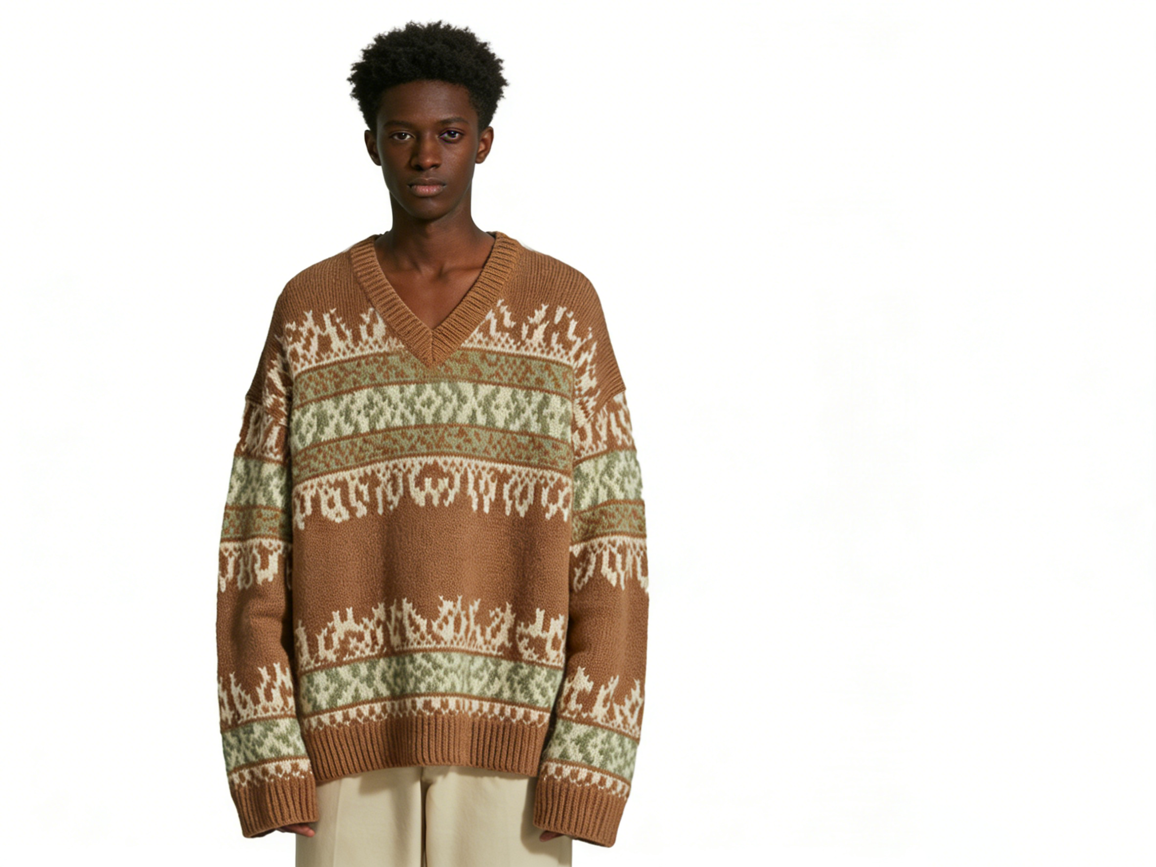 m027Forest Fair Isle V-Neck Striped Jacquard Knit Sweater