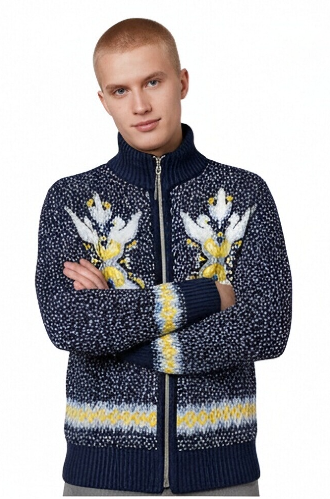 m019Navy Floral Cluster Zip-Up Mock Neck Cardigan