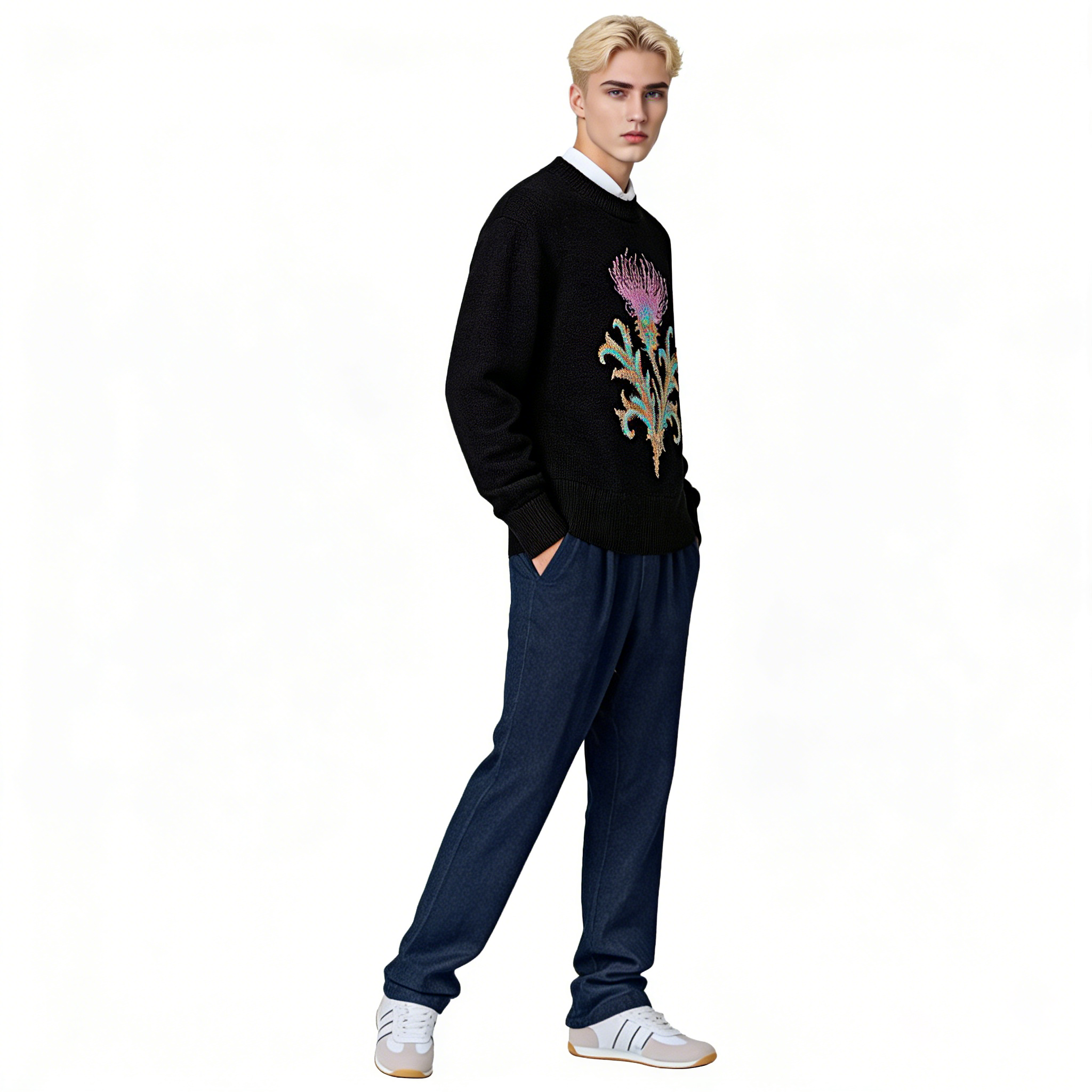 m008Midnight Thistle Intarsia Knit Sweater
