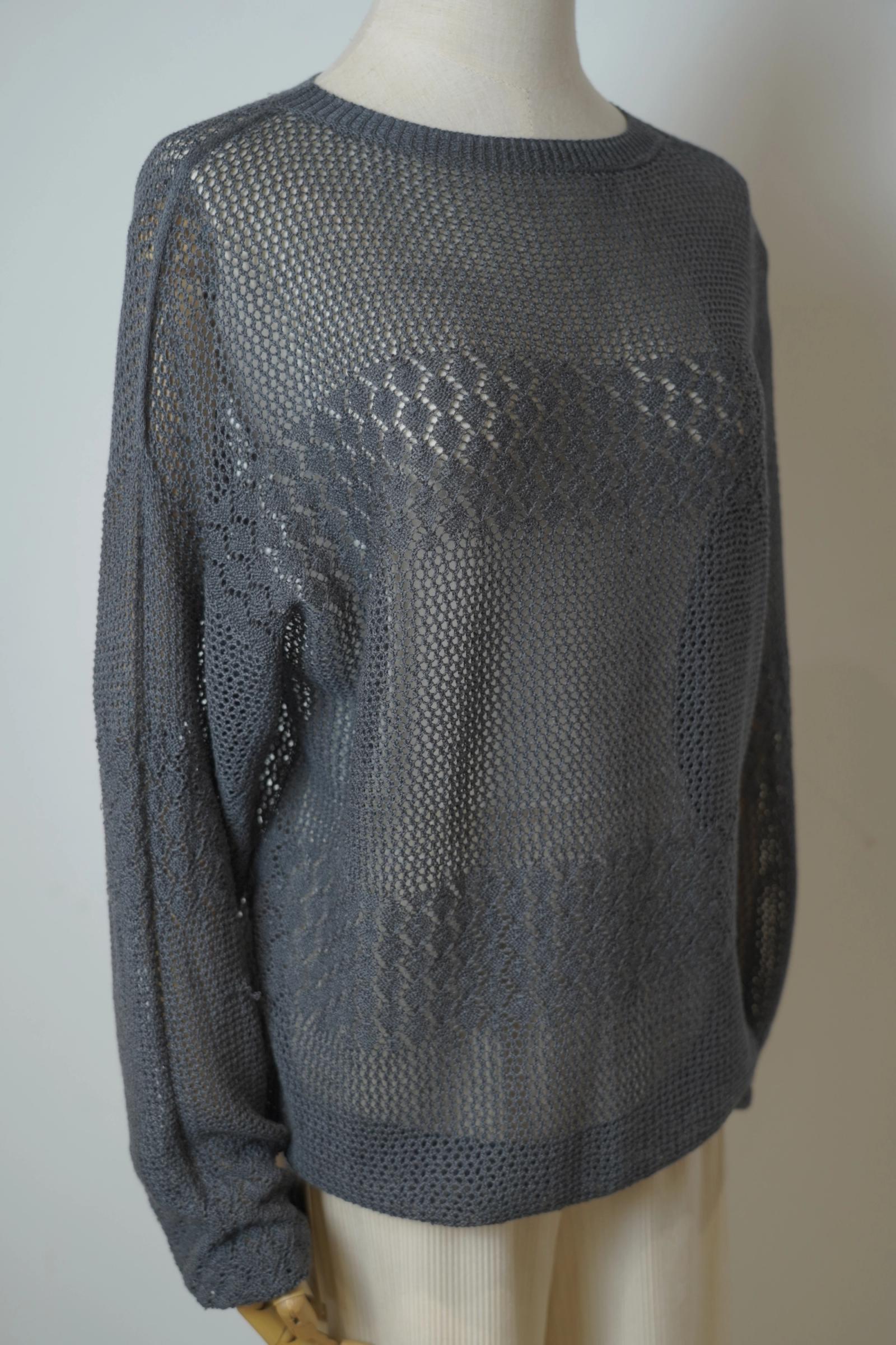 s023Charcoal Grey Textured Hollow-Out Knit Top