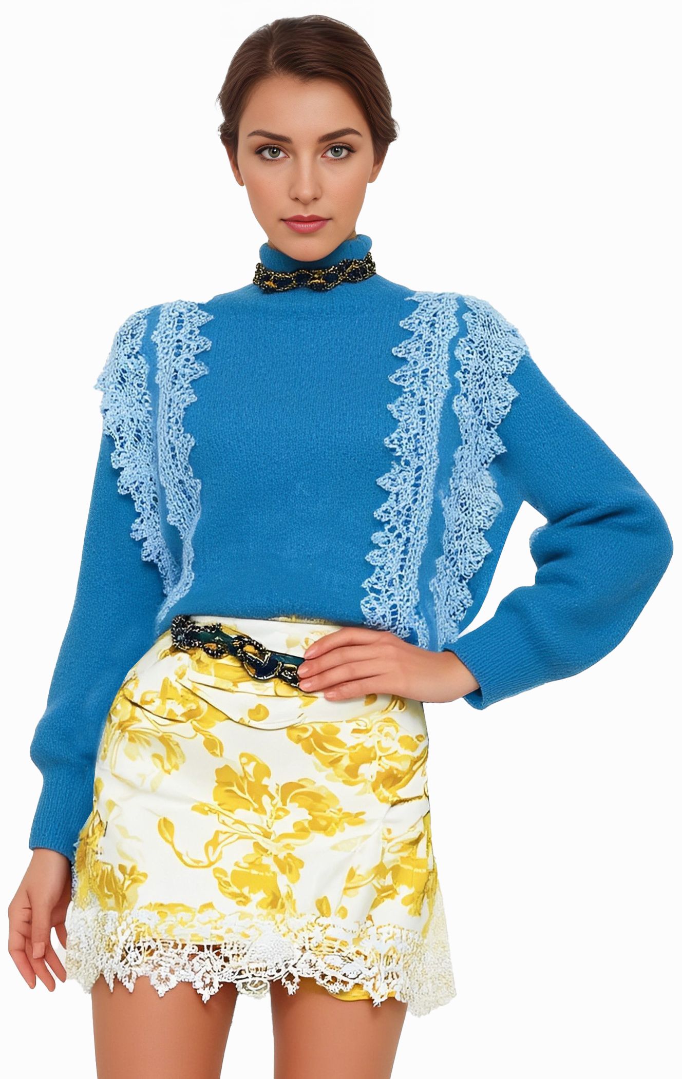 s068Klein Blue Diagonal Lace Panel Mock Neck Knit Sweater