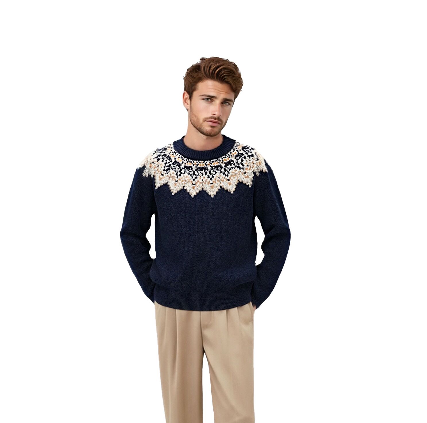 m017Navy Winter Fair Isle Jacquard Crewneck Sweater