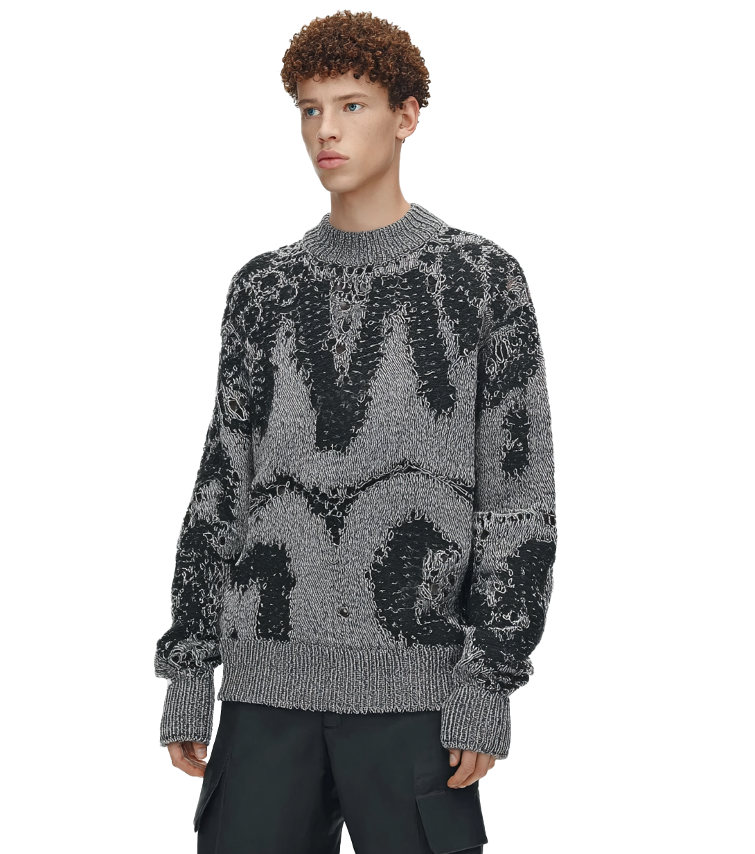 m016Eroded Texture Distressed Jacquard Mock Neck Sweater