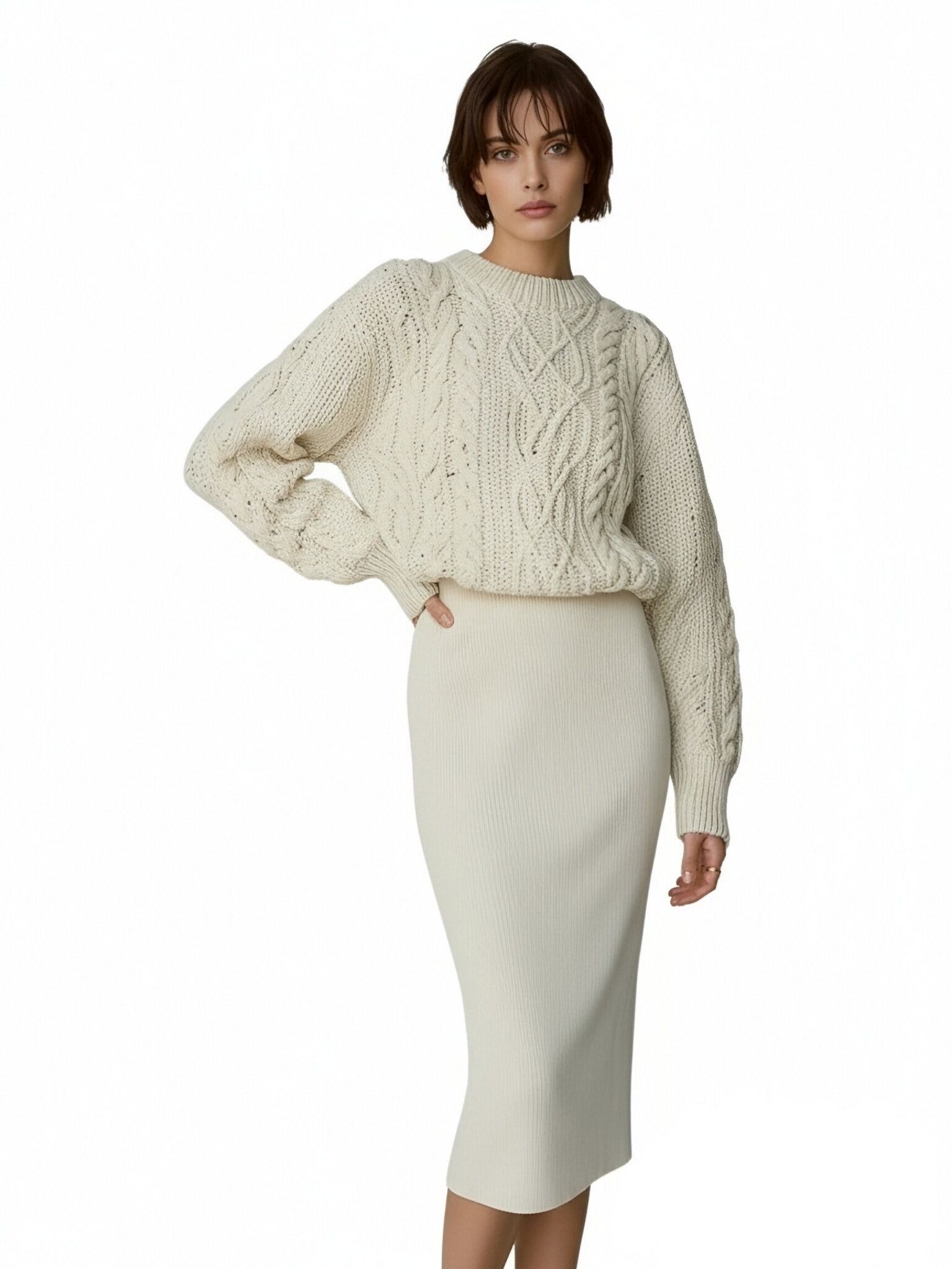 s073Off-White Cable Knit Sweater & Ribbed Skirt Set