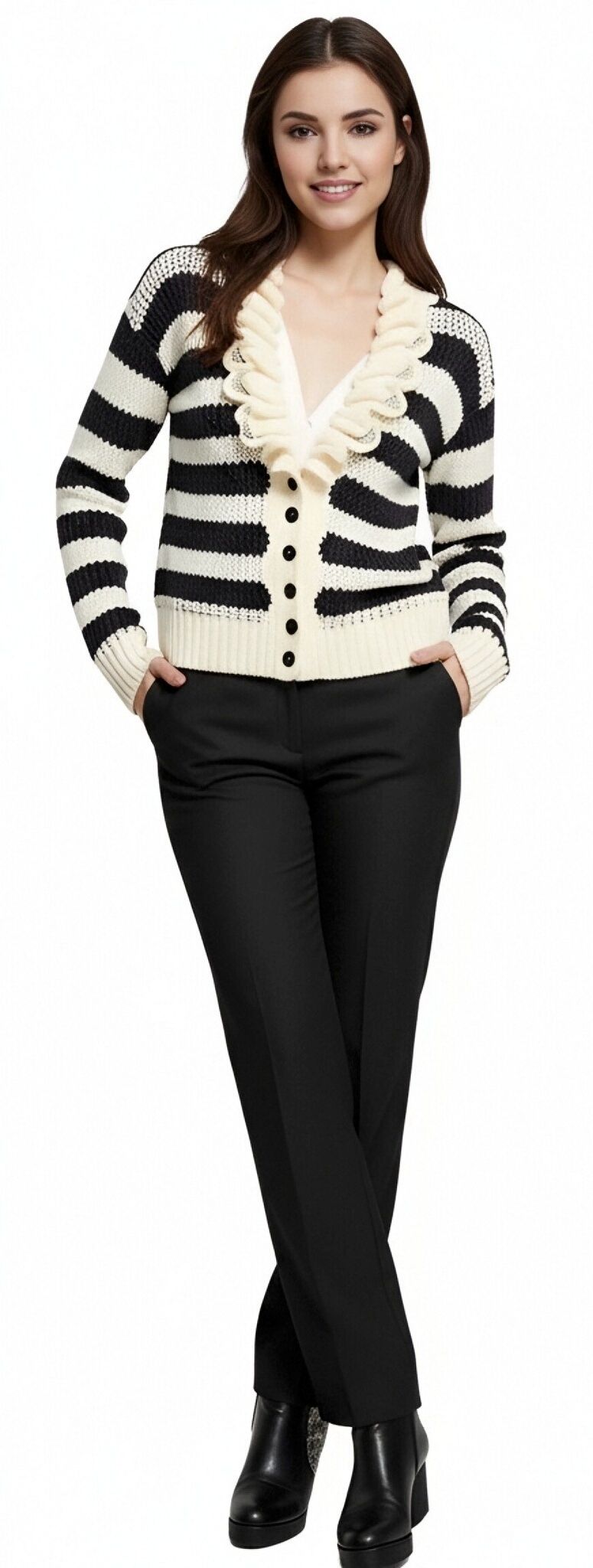 s082Black & White Striped Ruffled Knit Cardigan
