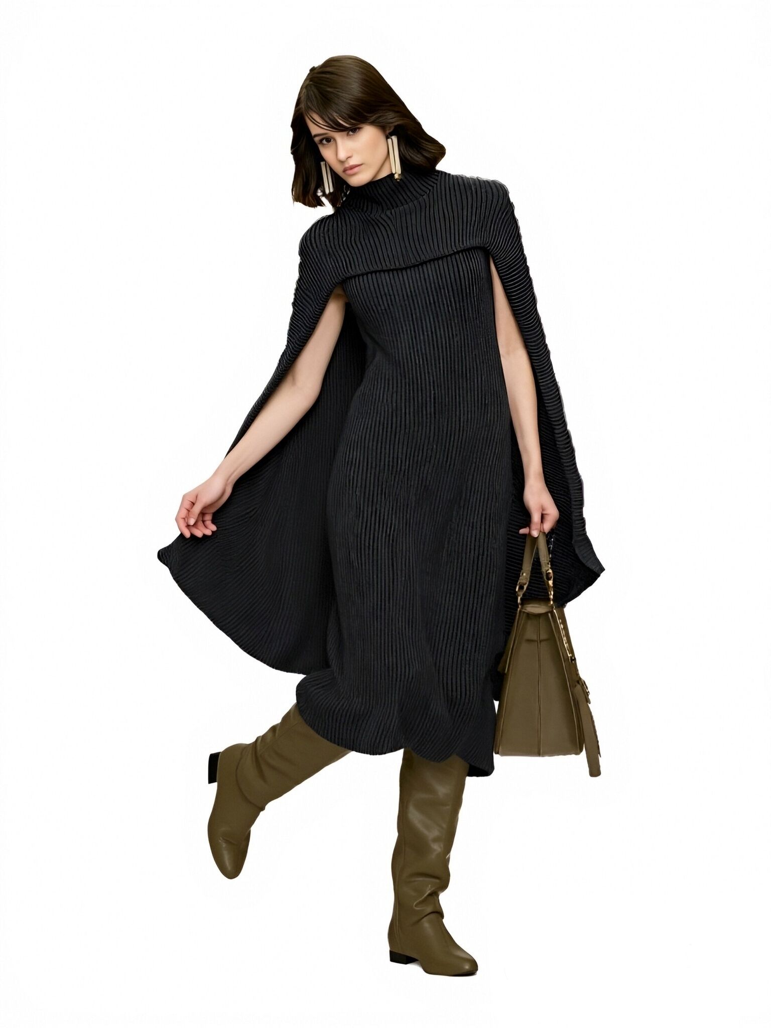 s081Black Ribbed Cape Knit Dress