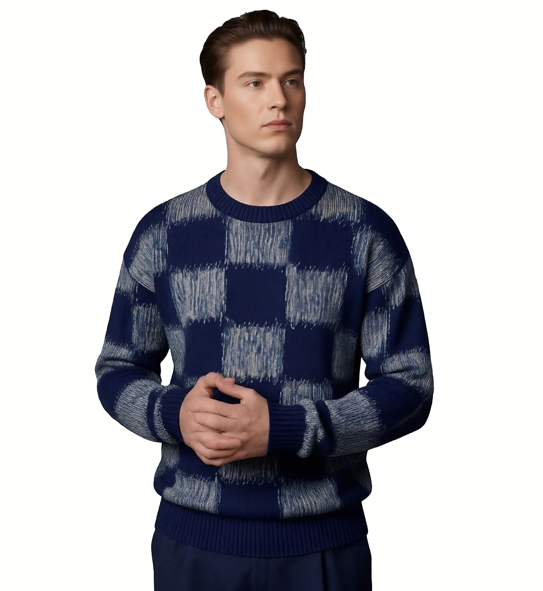 m001Sea Mist Checkerboard Knit Sweater