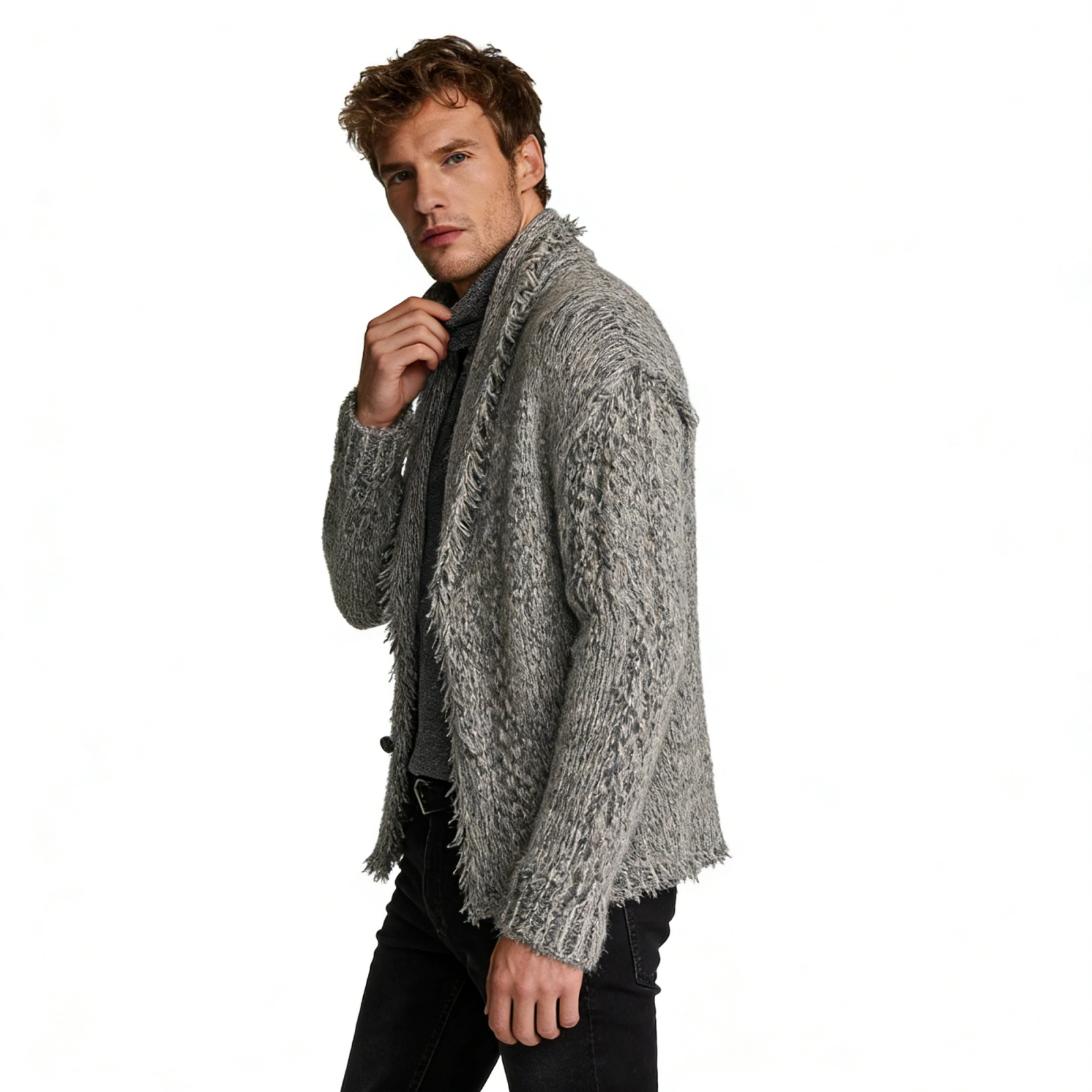 m012Heathered Stone Fringed Shawl Collar Cardigan